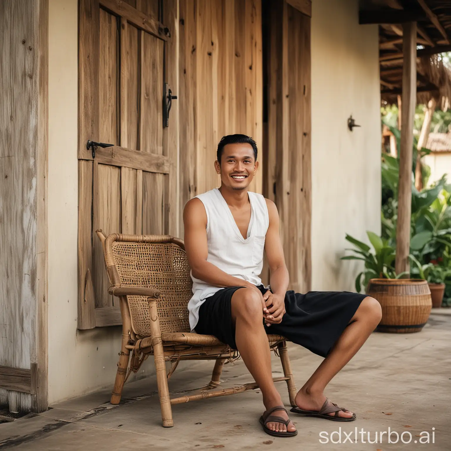 vintage photograph of an Indonesian man wearing a plain black sarong and white singlet, sitting on a rattan chair in front of a large wooden house while smiling looking at the camera. there are lens and leica m6 camera on the table, circa 1867, colorized