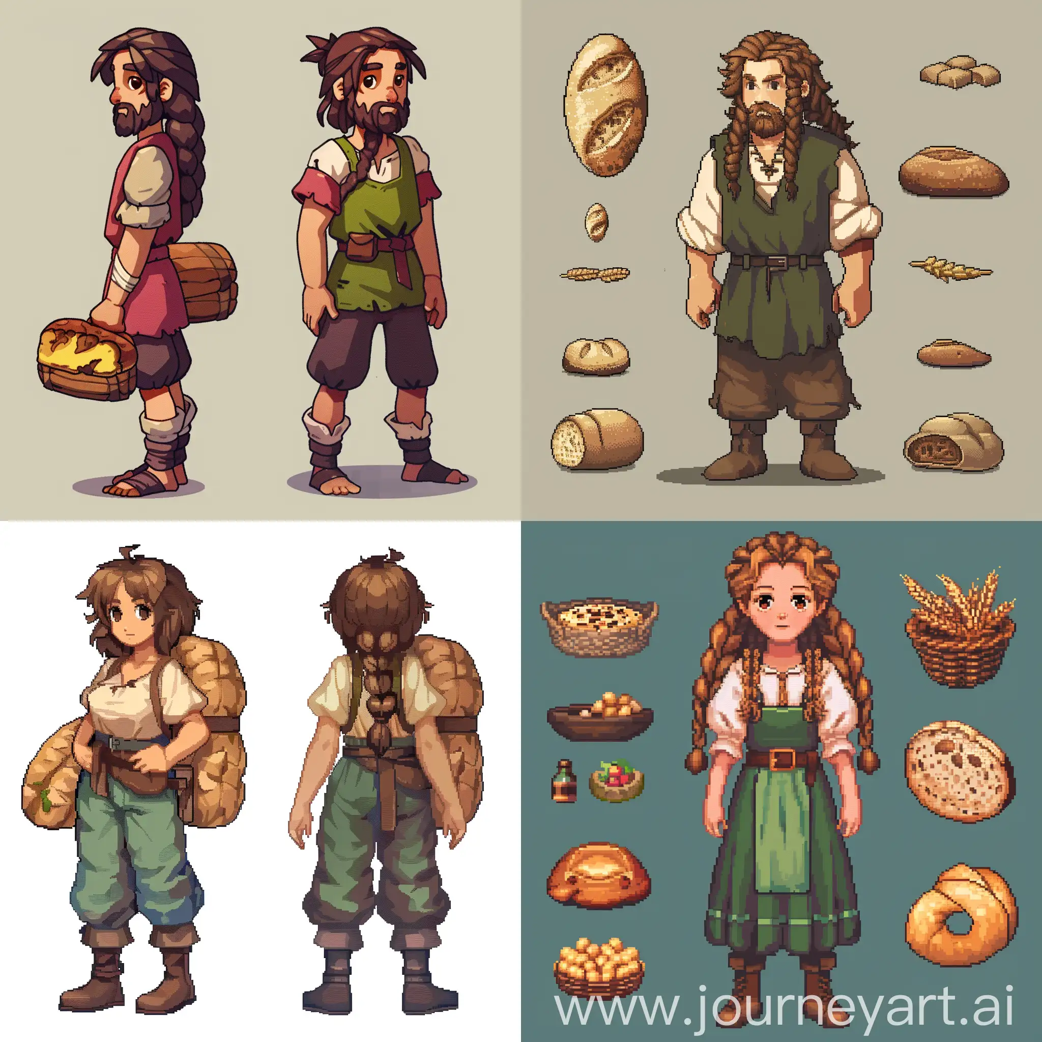 Pixel-Art-Villager-with-Long-Hair-Holding-Bread-Game-Sprite-Sheet-Design