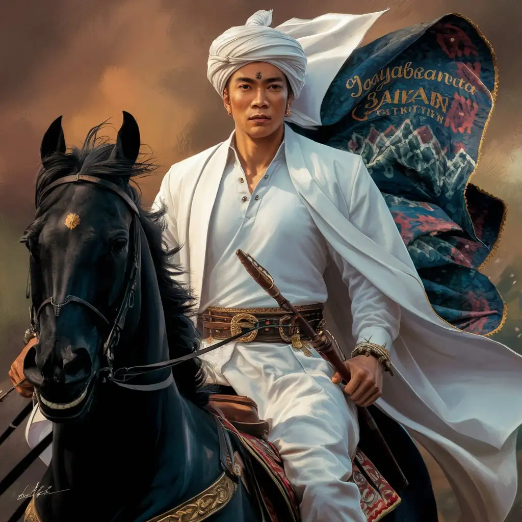 Close-up glossy airbrush oil illustration of an Indonesian warlord riding a black horse into battle. handsome, dignified, clean face without mustache and beard, white turban, white shirt, white robe, white harem robe, white belt, white silat pants, white Yogyakarta batik cloth with unique patterns