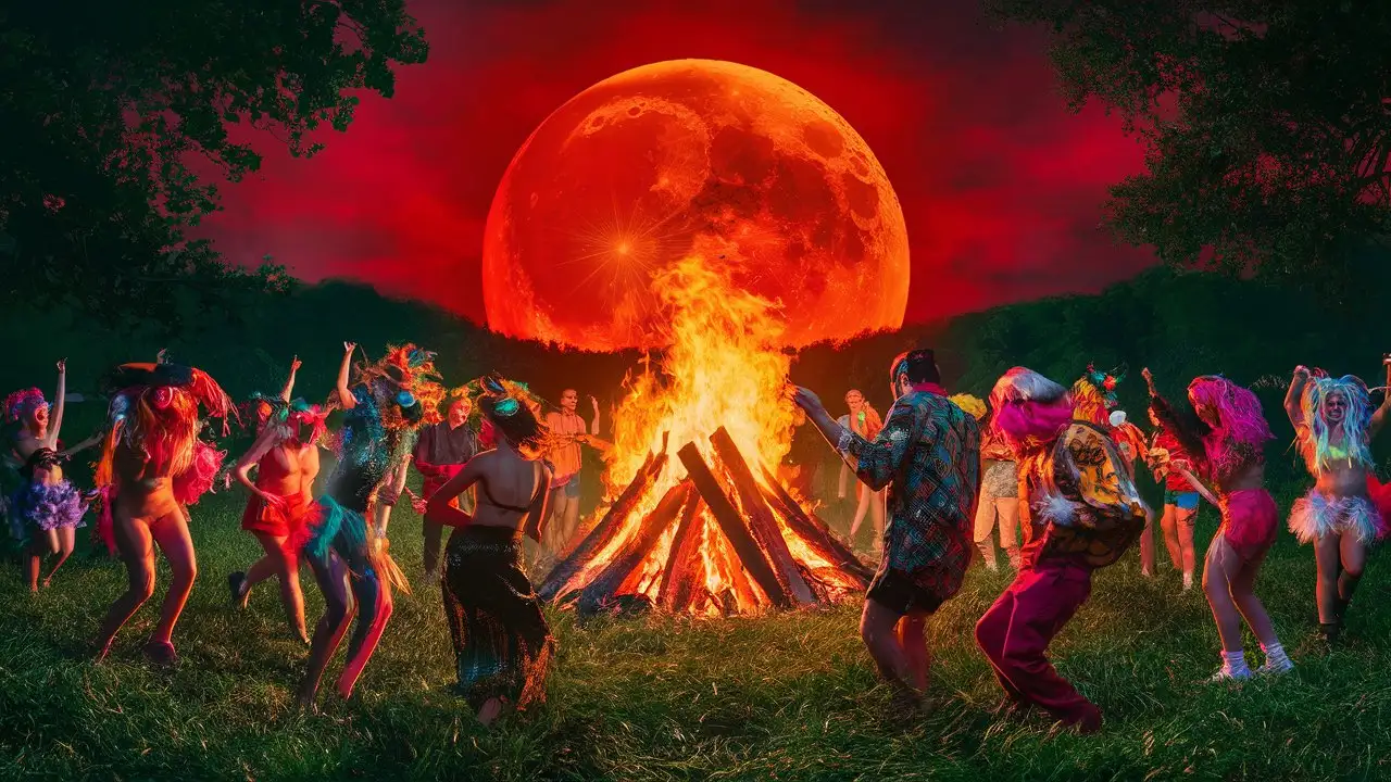 red moon rave in a field with a roaring bonfire