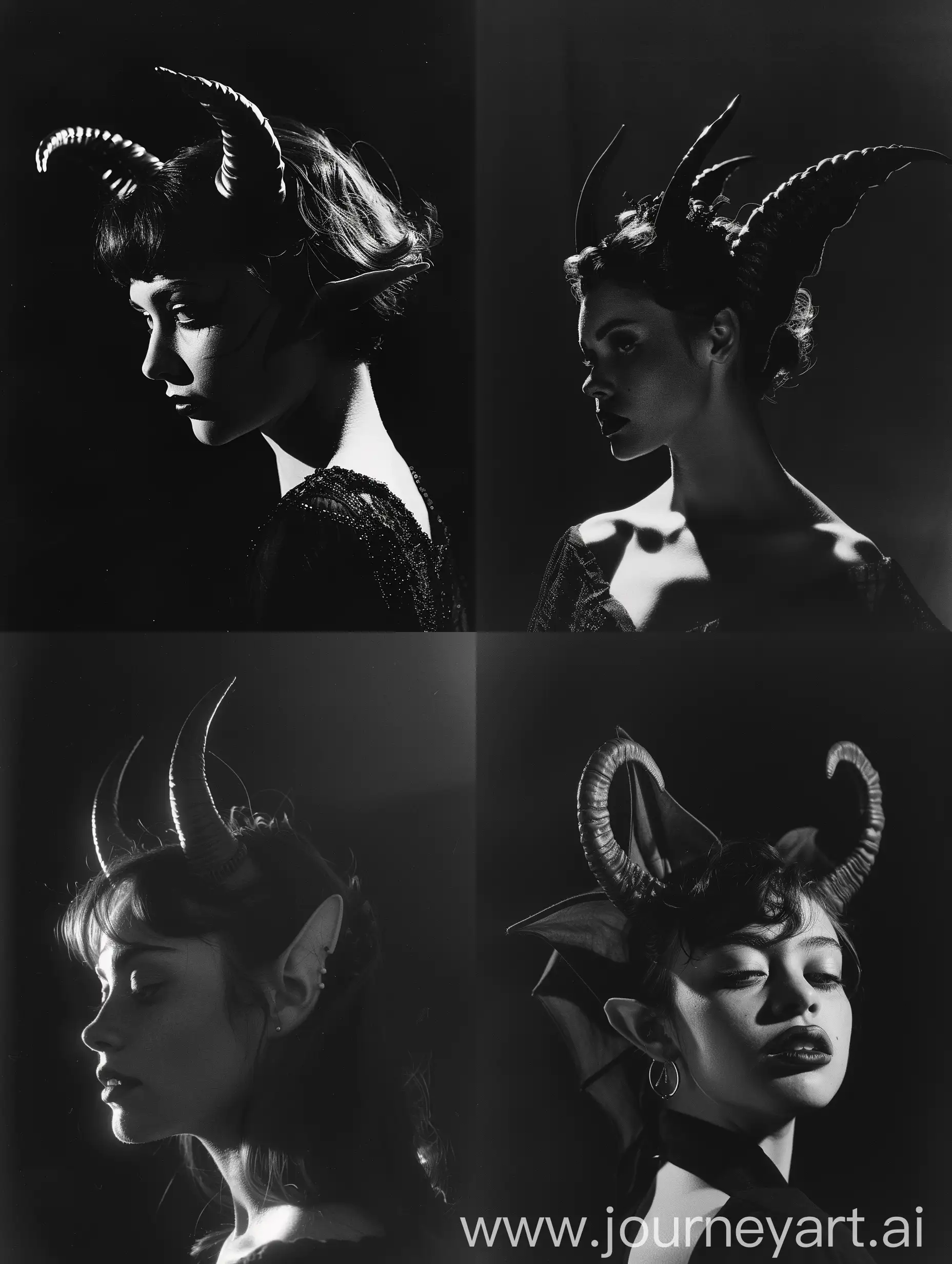 A grayscale portrait of a lady demon with horns, black background, half backlit, taken on provia
