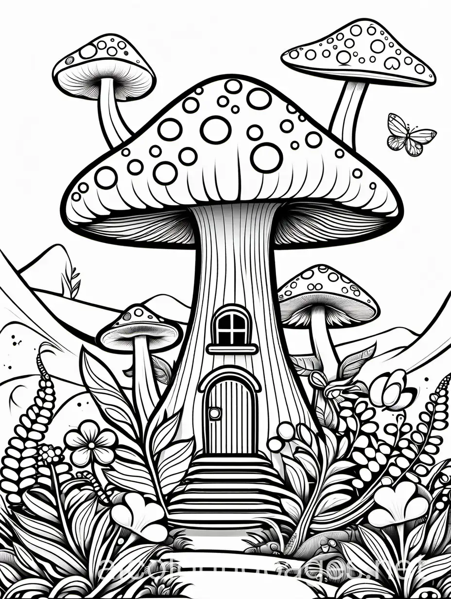 only one large, tall mushroom fairy house.
Only one big mushroom house, with flowers around it. Only flowers around it. 
White background, black lines , minimalist, full view of mushroom house., Coloring Page, black and white, line art, white background, Simplicity, Ample White Space. The background of the coloring page is plain white to make it easy for young children to color within the lines. The outlines of all the subjects are easy to distinguish, making it simple for kids to color without too much difficulty