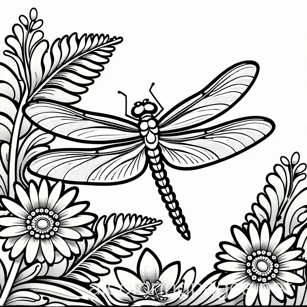 Flower and dragonfly, Coloring Page, black and white, line art, white background, Simplicity, Ample White Space