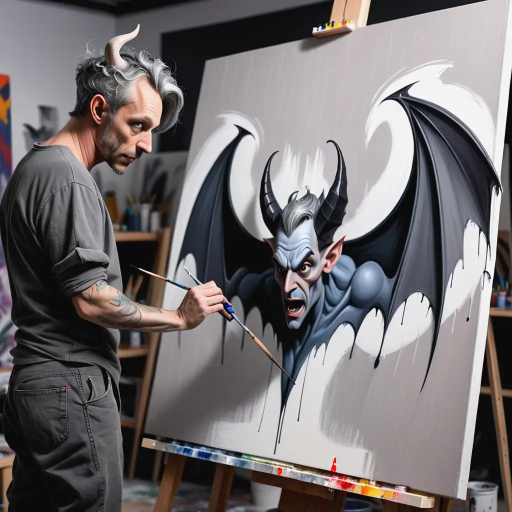 A 38 year old grunge incubus with short grey hair. He has bat wings, large horns and a pointed tail. He is painting an abstract picture on a large canvas in his art room