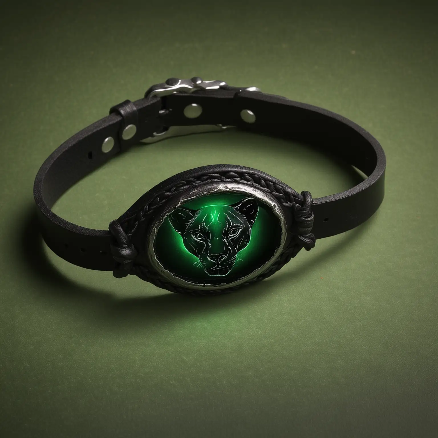 Black Leather Wristband with Panther Face Oval Stone Stylish Accessory with Green Glow