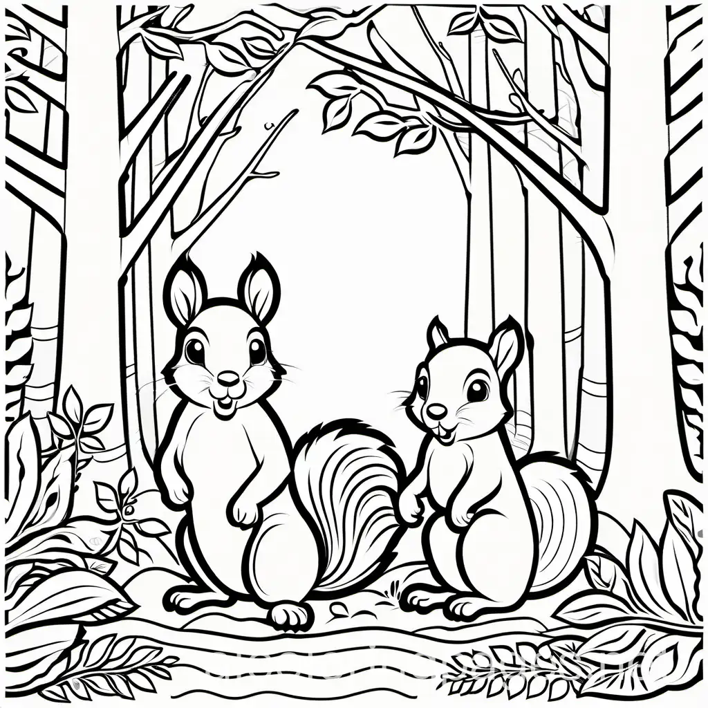 squirrels in the woods, Coloring Page, black and white, line art, white background, Simplicity, Ample White Space. The background of the coloring page is plain white to make it easy for young children to color within the lines. The outlines of all the subjects are easy to distinguish, making it simple for kids to color without too much difficulty