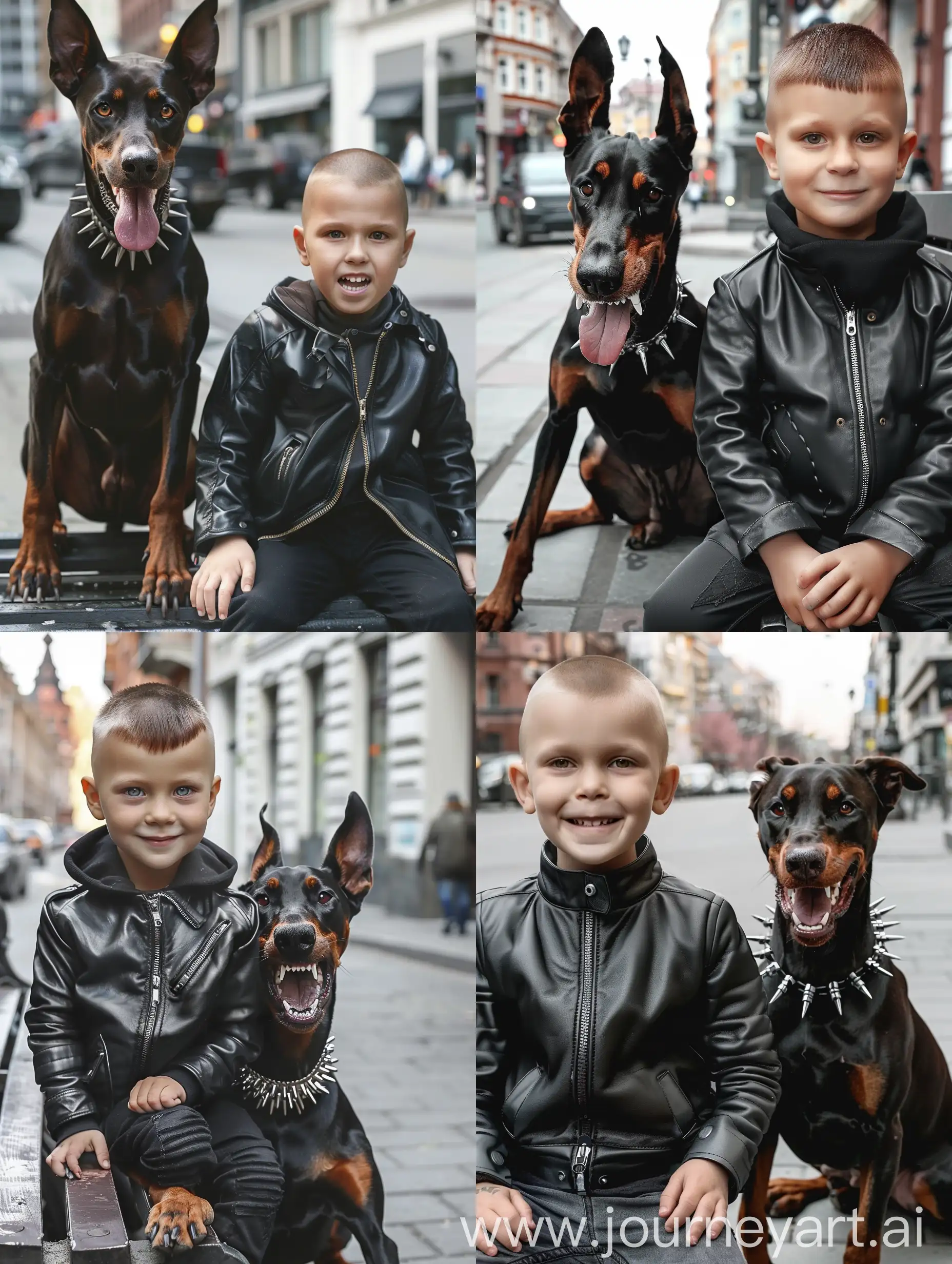 A little boy with a short haircut, seven years old, sitting on a bench in a black leather jacket on a city street next to a Doberman dog that bares its teeth with a spiked collar, sitting on the ground, close-up, realistic photo, hyper-realism, face clearly visible, looking at the camera, close-up photo, photo in light colors