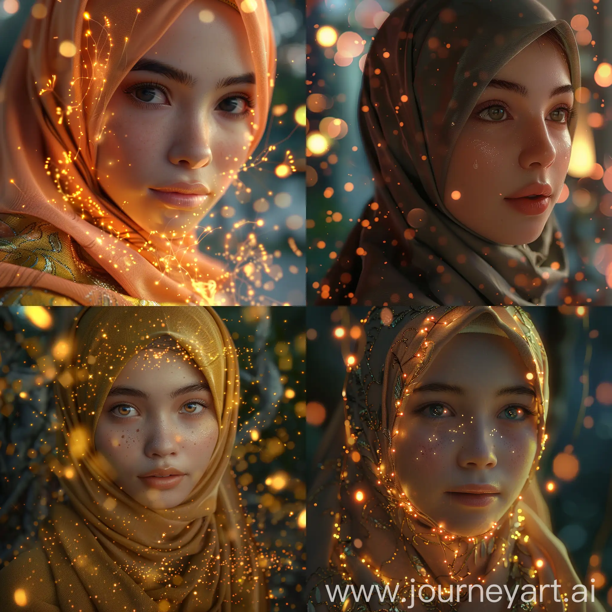 1 hijab girl Indonesia beauty, 8k, masterpiece, ultra- realistic, best quality, high resolution, high definition, fancy light, volumetric light, fireflies