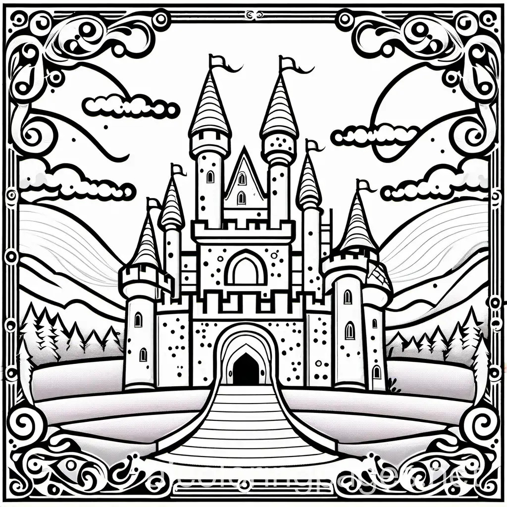 a castle, Coloring Page, black and white, line art, white background, Simplicity, Ample White Space. The background of the coloring page is plain white to make it easy for young children to color within the lines. The outlines of all the subjects are easy to distinguish, making it simple for kids to color without too much difficulty