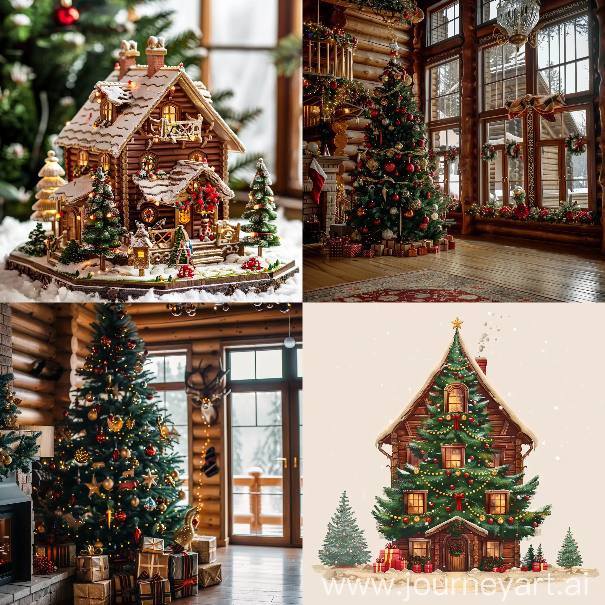зеленая елка, новогодние игрушки красного и золотого цвета, большой деревянный дом с большими окнами