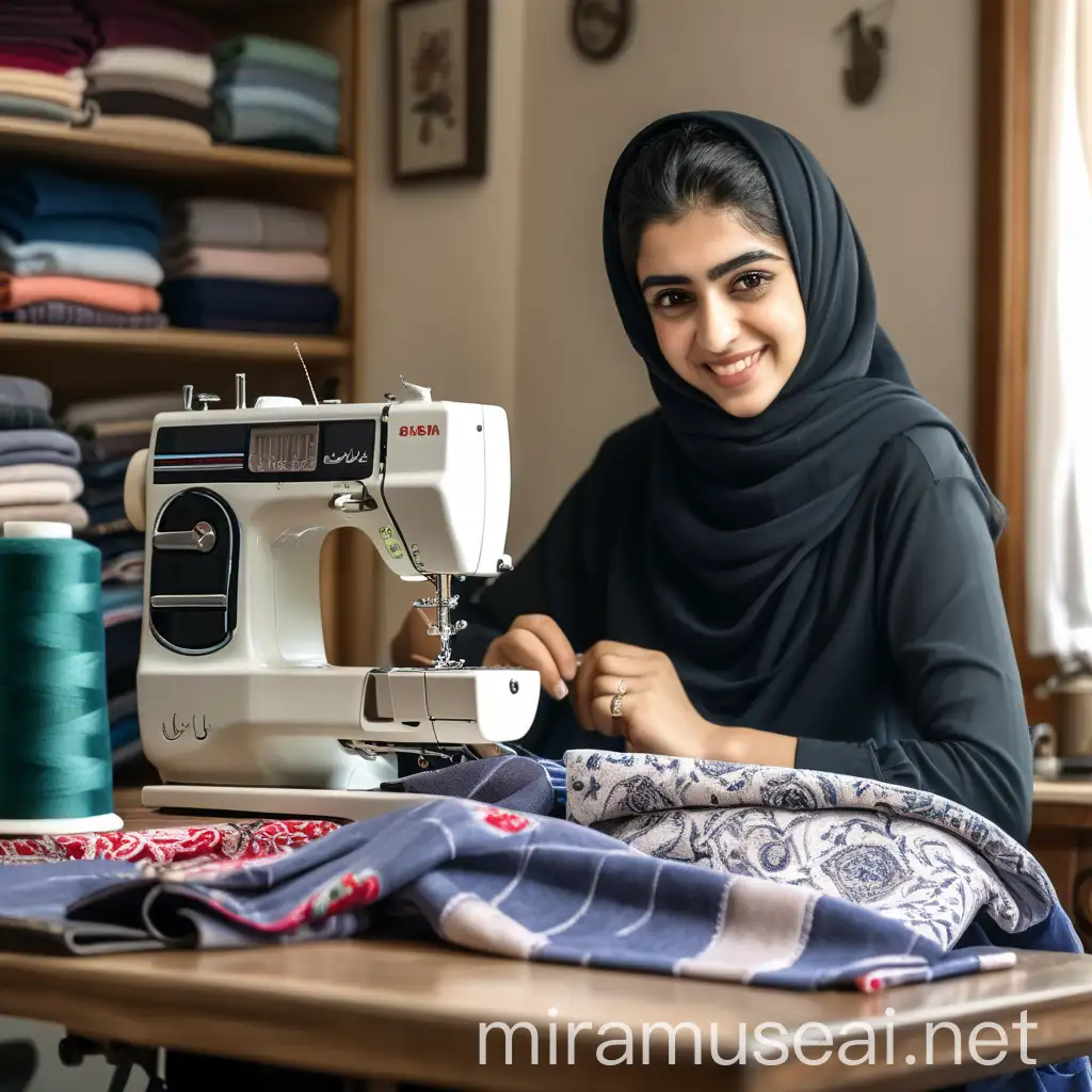 Iranian Woman Sewing with Father in Sewing Room