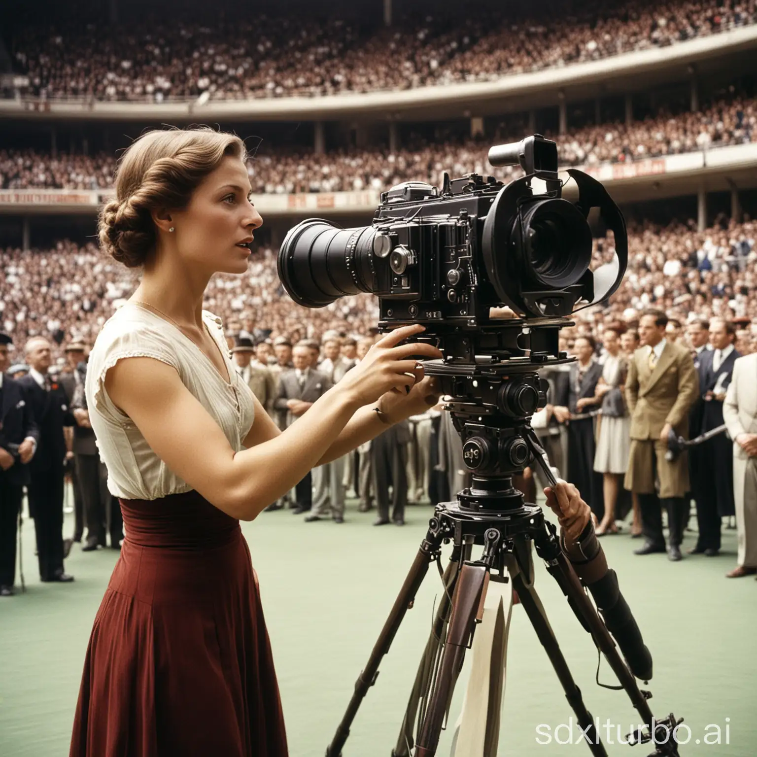 old color photo of Leni Riefensthal filming at Olympia 1936 in Berlin