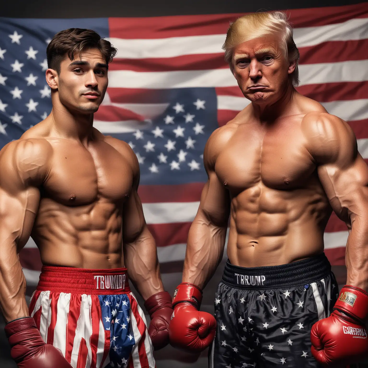 Super muscular boxer Ryan Garcia and Donald Trump. American flag.