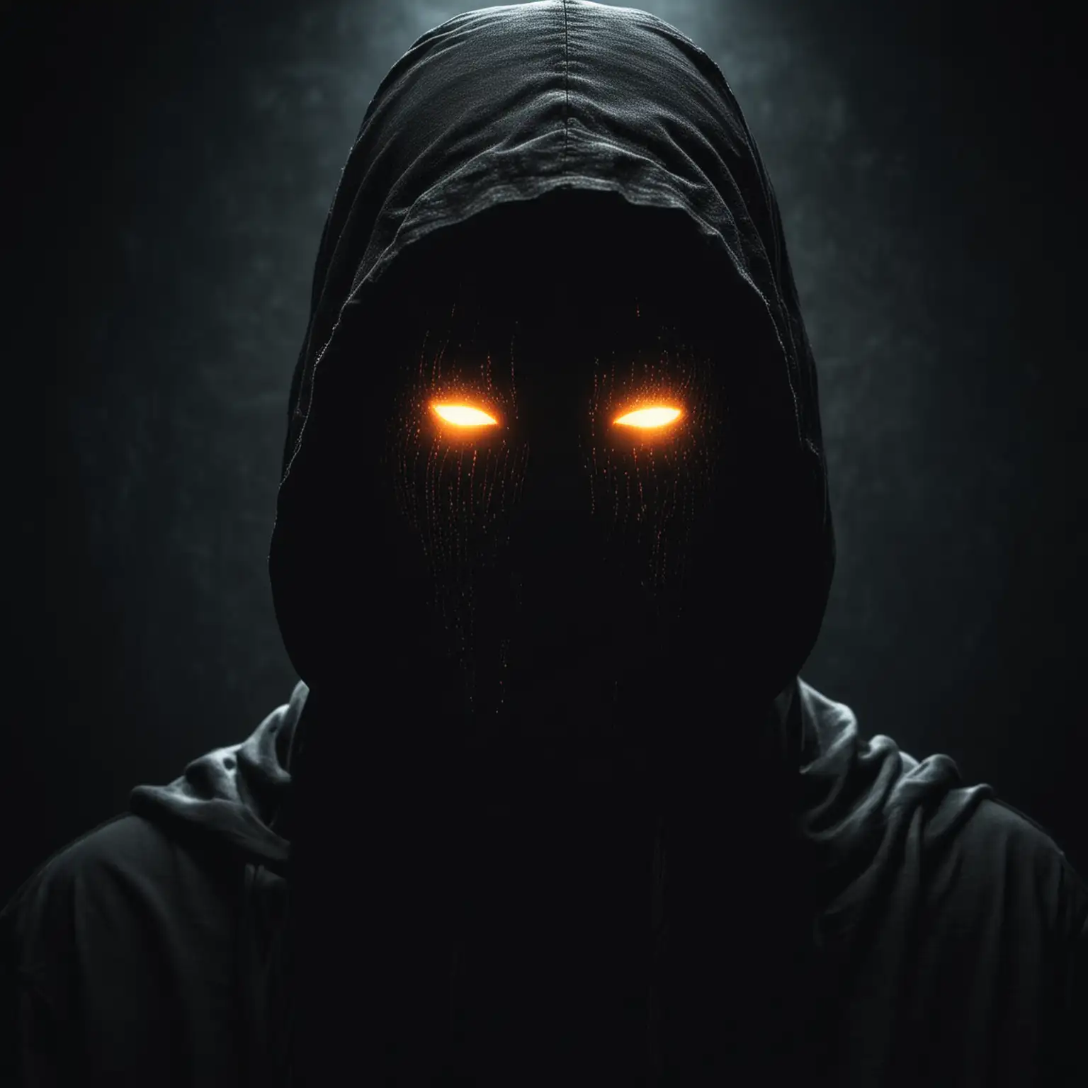 Mysterious Figure with Glowing Eyes in Hooded Darkness