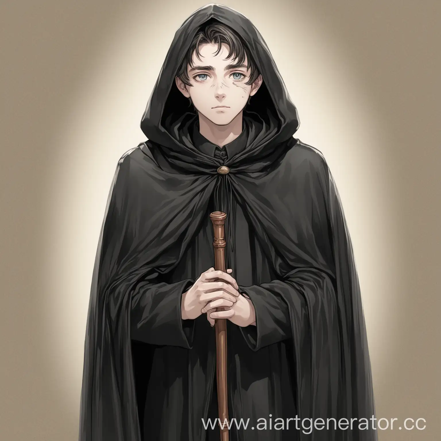 Рисунок: молодой человек с добрым выражением лица в чёрном плаще стоит, опираясь двумя руками на трость, смотрит в камеру