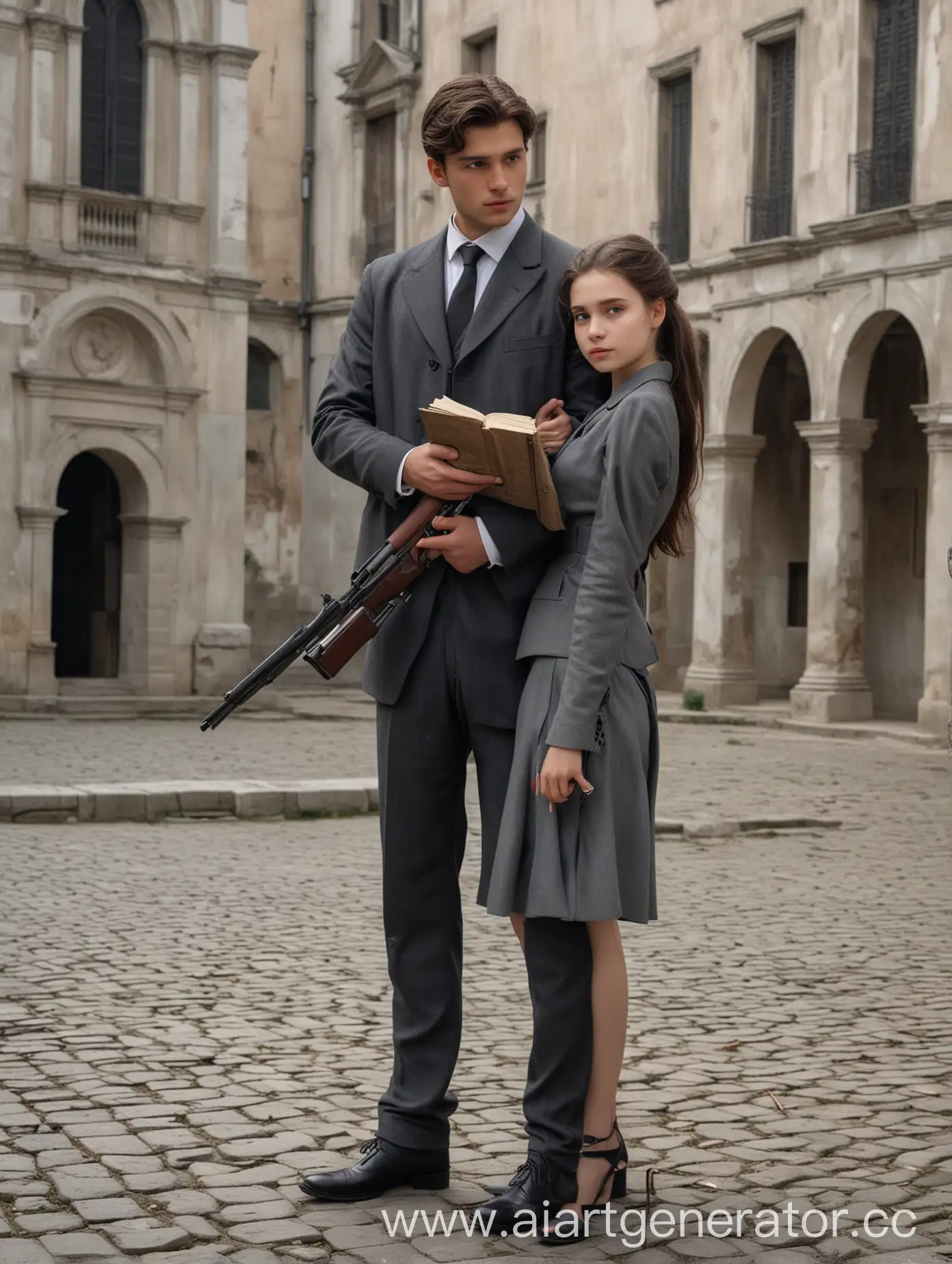 Young-Man-with-Gun-Embraced-by-Older-Girl-with-Book-on-Ancient-Square