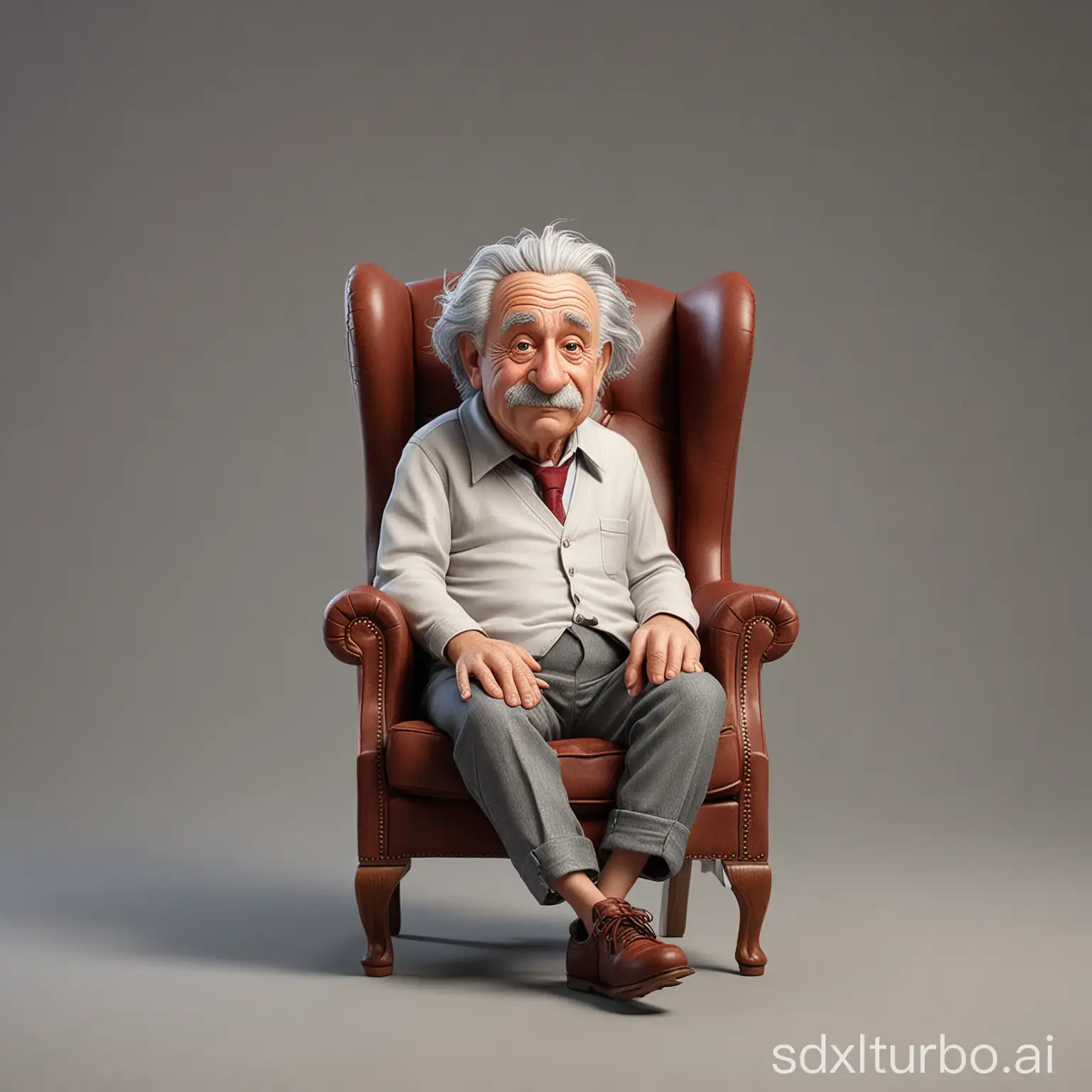 Create a caricature 3D Realistic Disney pixar style full body with a big head. Albert Einstein, a 60 year old man, is sitting relaxed in a classic dark red wingback wooden chair, the wood texture is clear. Wearing a white t-shirt covered with a gray jacket, wearing worn gray cloth trousers. Wearing brown shoes with black shoelaces. Sit with your legs crossed, your right hand holding a short wooden stick, your left hand placed on the edge of the chair. The background should contrast with the color of the chair and clothing,enhancing the overall composition of the picture. Use soft photography lighting, dramatic overhead lighting, very high image quality, clear character details, UHD, 16k.