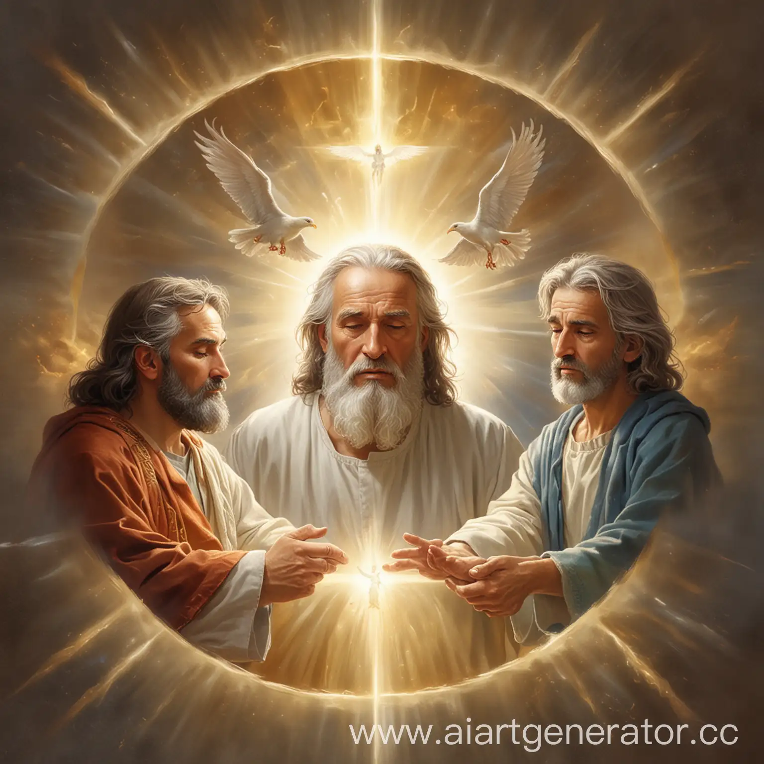 Бог Отец справа, Бог Сын слева и Святой Дух по центру. БИБЛИЯ