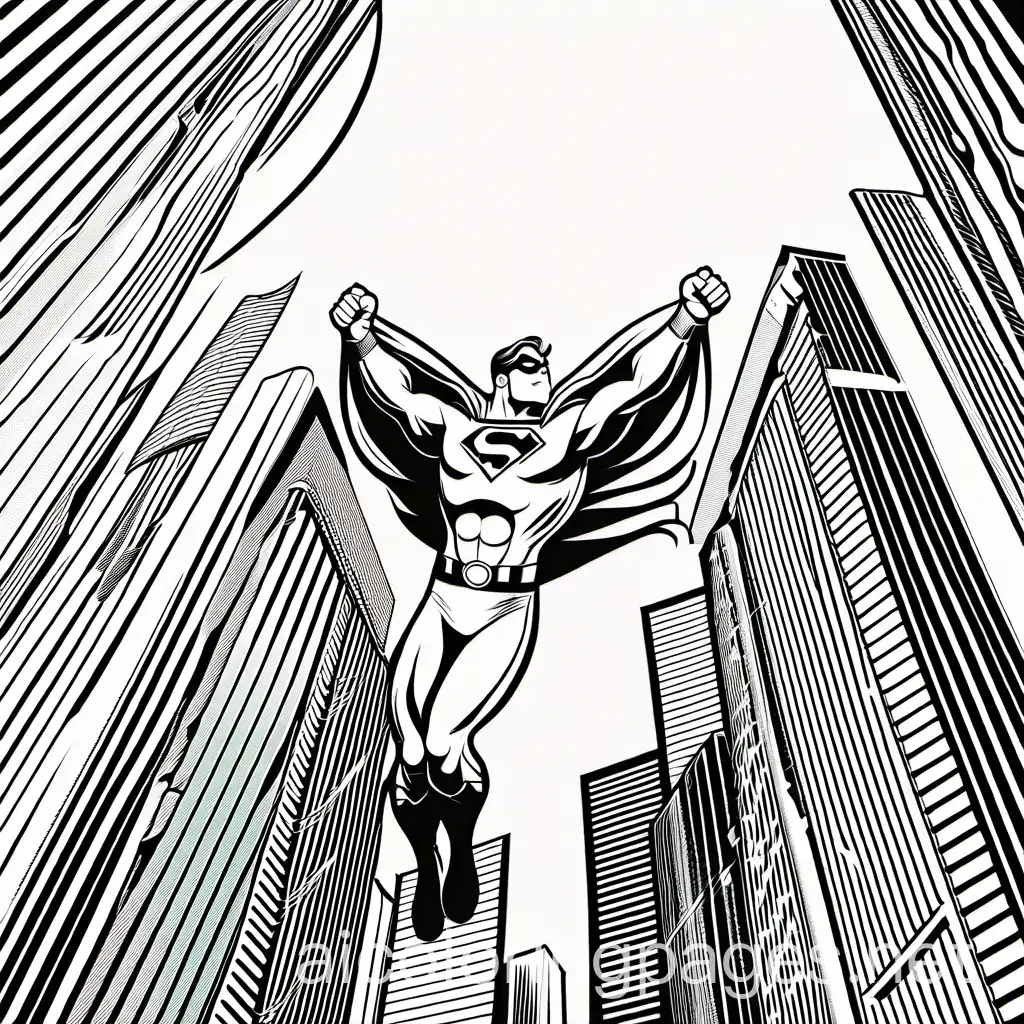 un superheroe volando entre edificios, Coloring Page, black and white, line art, white background, Simplicity, Ample White Space