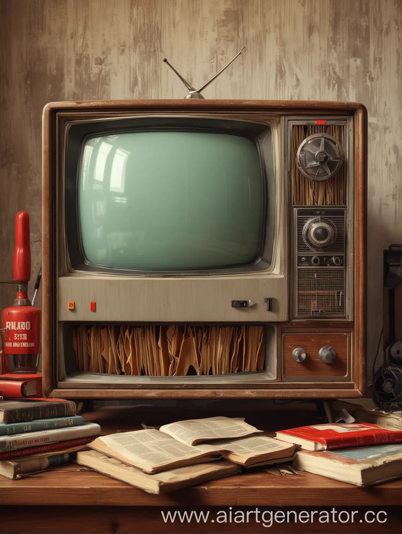 Создай изображение с советским телевизором крупным планом, сверху на нем должны стоять книги сделай задник изображения в стиле советский квартиры 60-х годов
