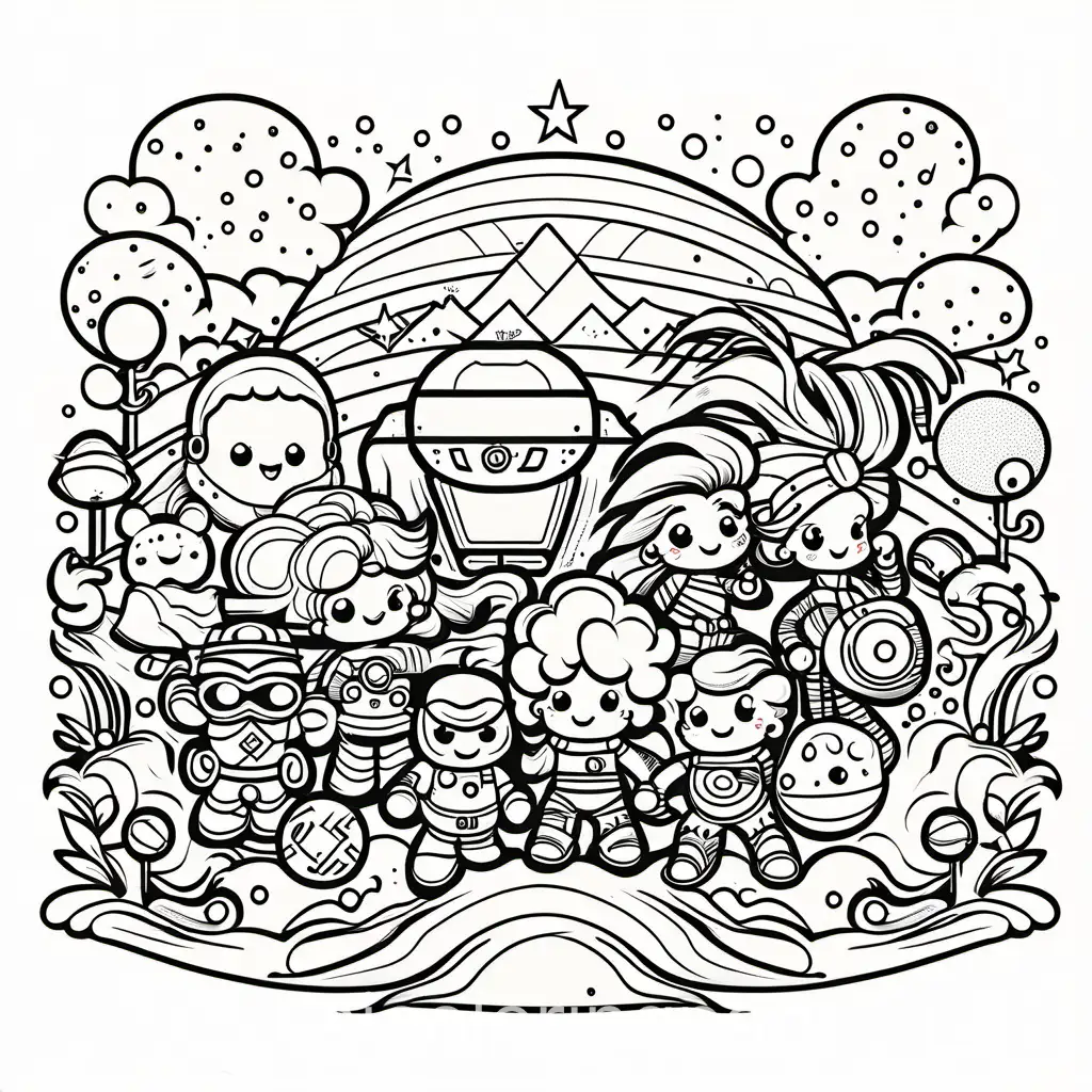 80s cartoon characters, Coloring Page, black and white, line art, white background, Simplicity, Ample White Space. The background of the coloring page is plain white to make it easy for young children to color within the lines. The outlines of all the subjects are easy to distinguish, making it simple for kids to color without too much difficulty