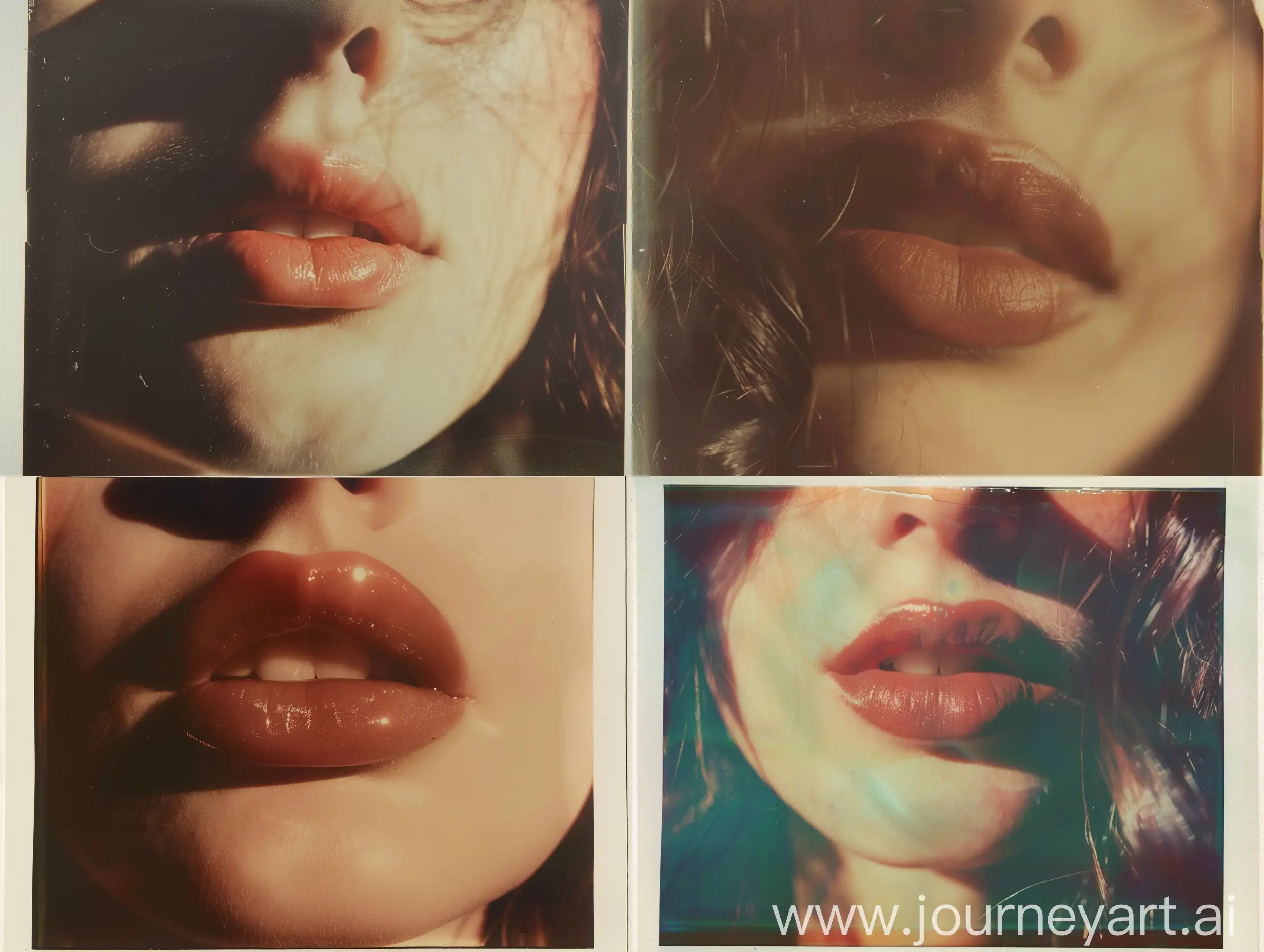4x4 closeup of Gracie Abrams's lips, 2022... flash on, vintage instant polaroid photo.