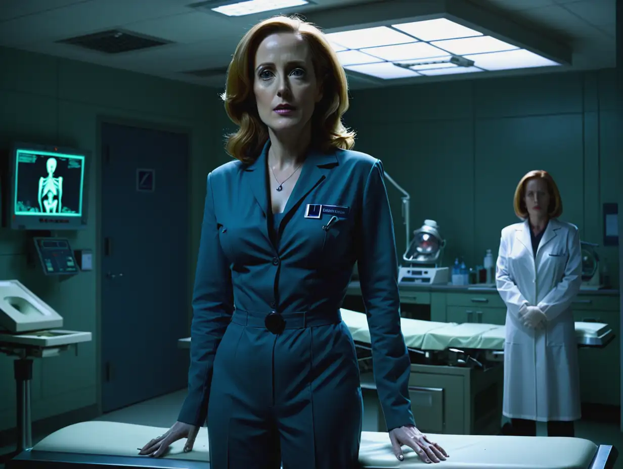 Gillian Anderson as Dana Scully with Alien Autopsy Scene in Darkly Lit Room