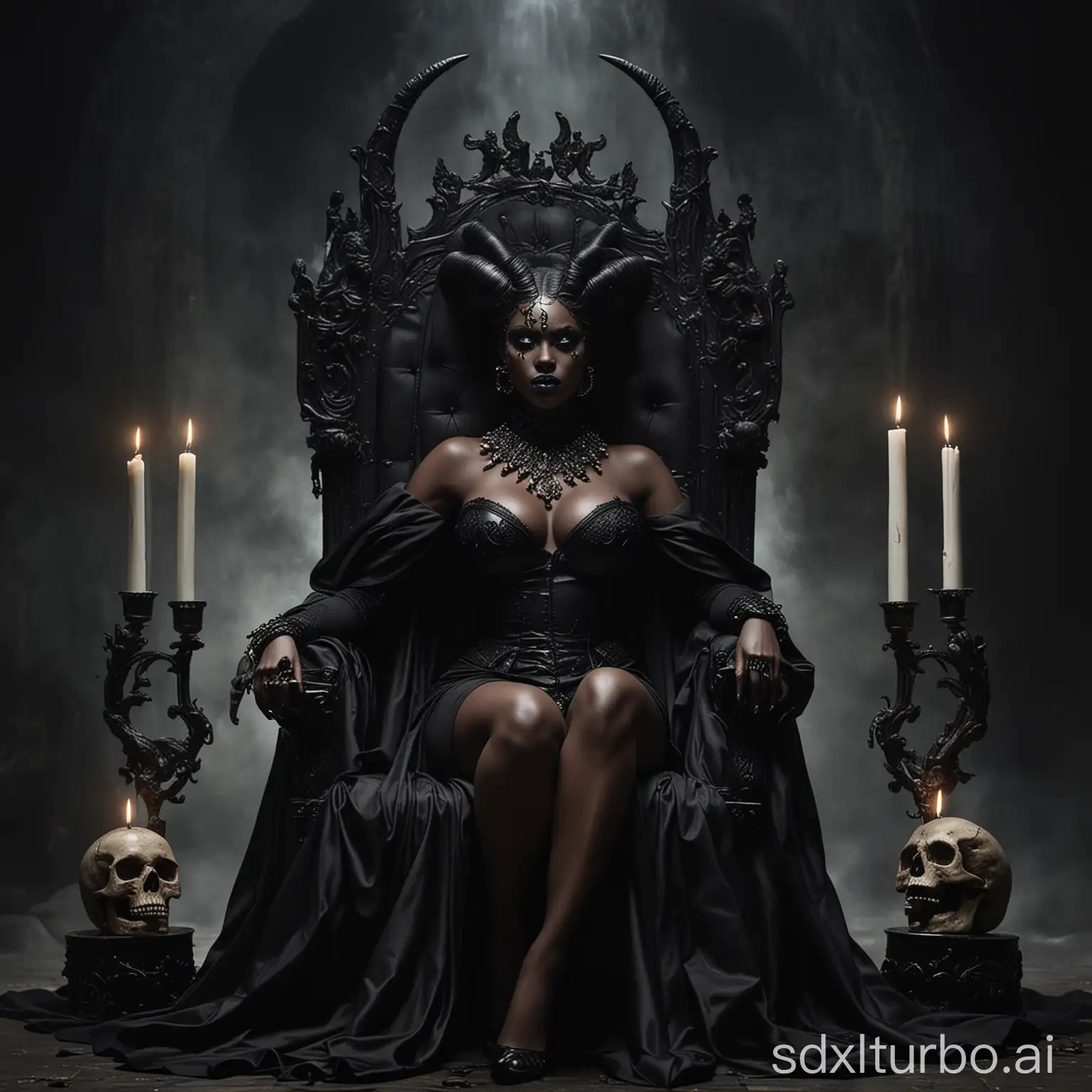 a majestic and powerful black woman, black makeup, big breasts, exuding an aura of authority. Her imposing presence is accentuated by her mesmerizing horns, sitting majestically on a black throne, whose intricately detailed seat adds to the air of mystique. Her dark costume and black cape with a high collar further accentuate her imposing presence, she wears high heels. The enchanting atmosphere is deepened by two skulls on either side, each with a lit black candle that casts mysterious shadows. This captivating scene masterfully combines mystery, power
