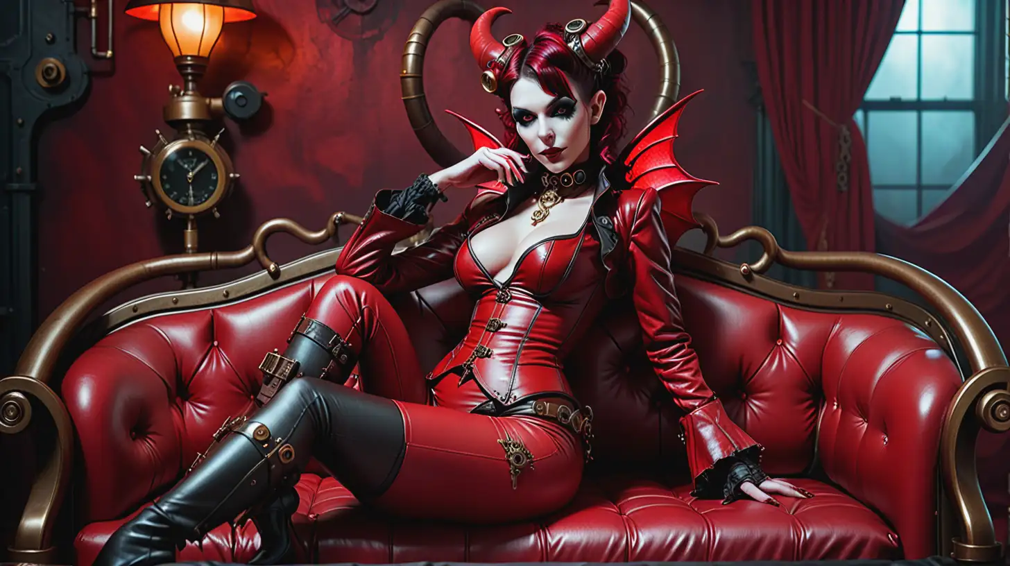 Steampunk Female Succubus in Red Leather Lounging on Bed