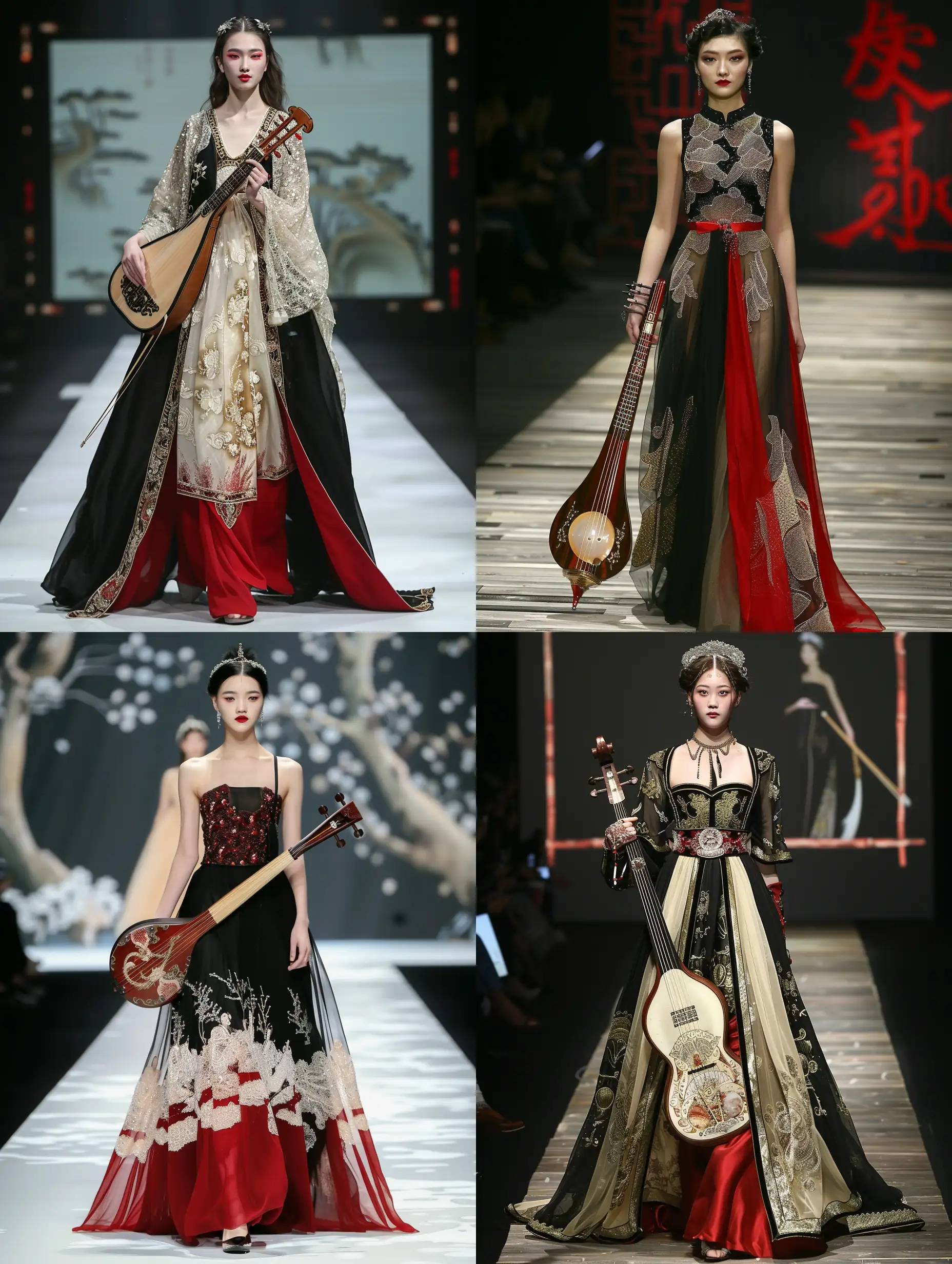 Tang-Dynasty-Inspired-Fashion-Runway-with-Champagne-and-Red-Dresses