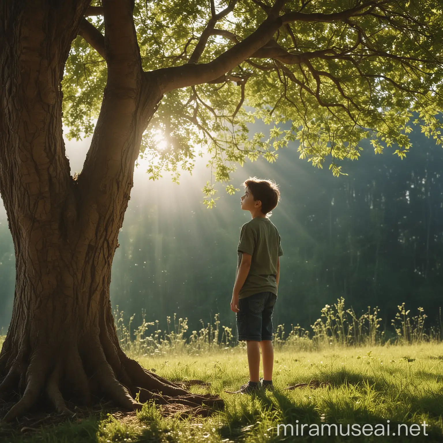 Boy Standing Near Tree on Beautiful Sunny and Cloudy Day