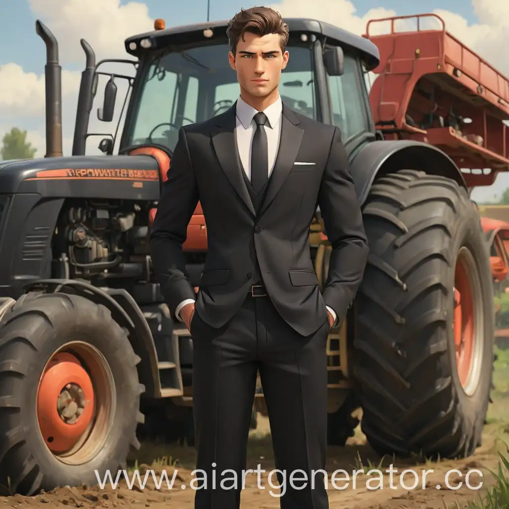 Charming-Businessman-Poses-with-Tractor-in-Formal-Attire