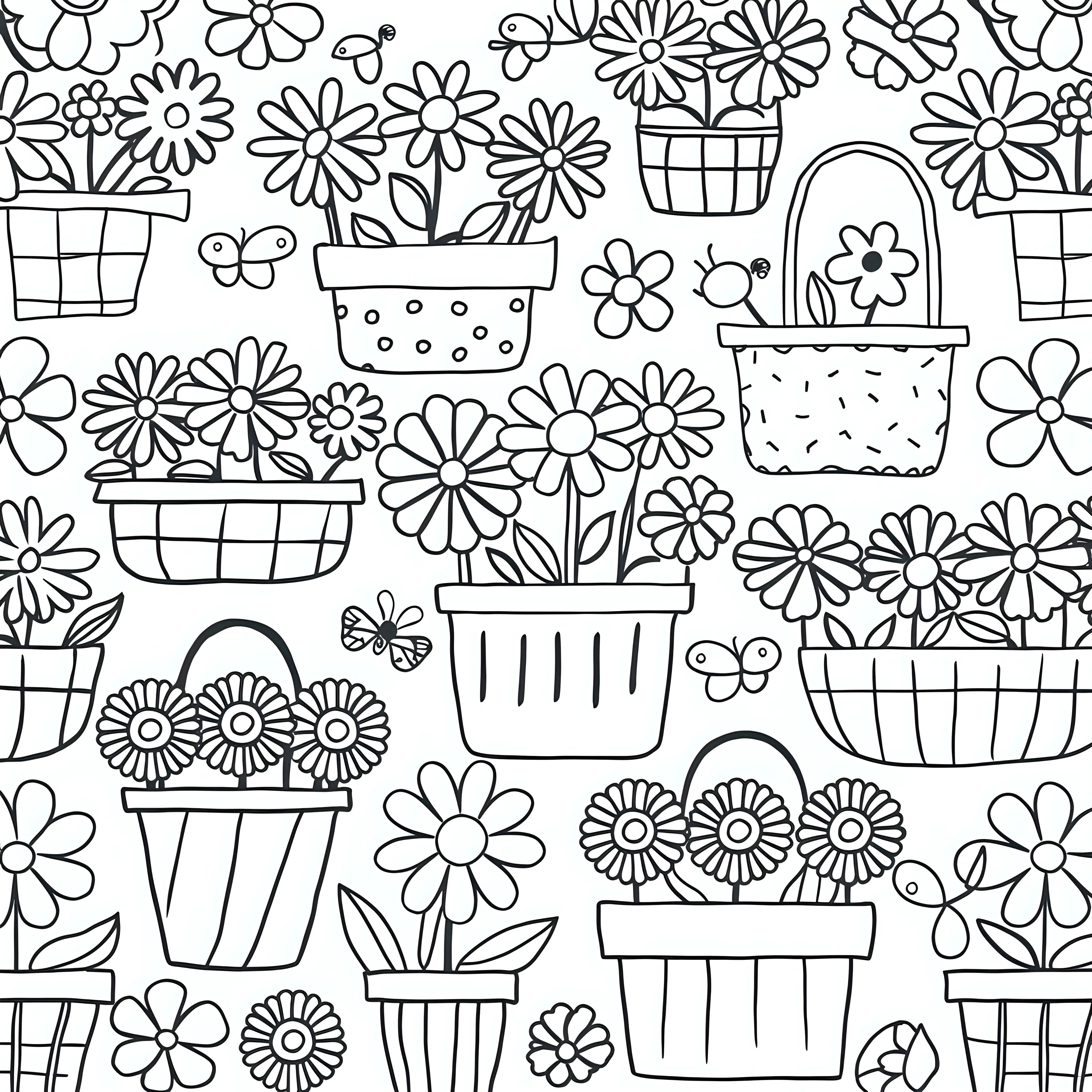 simple cute flower baskets pattern coloring page. all in black and white. white background. should cover the whole page.