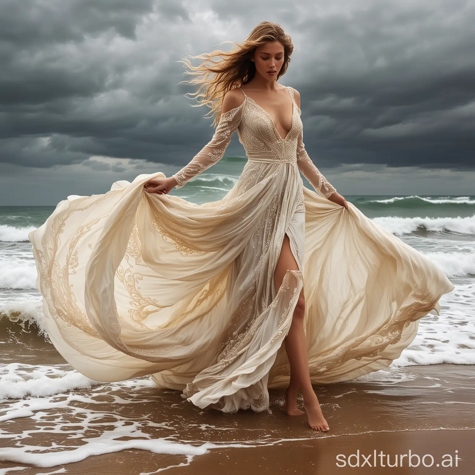 Woman-Strolling-in-Flowing-Ornate-Dress-with-Windy-Flair