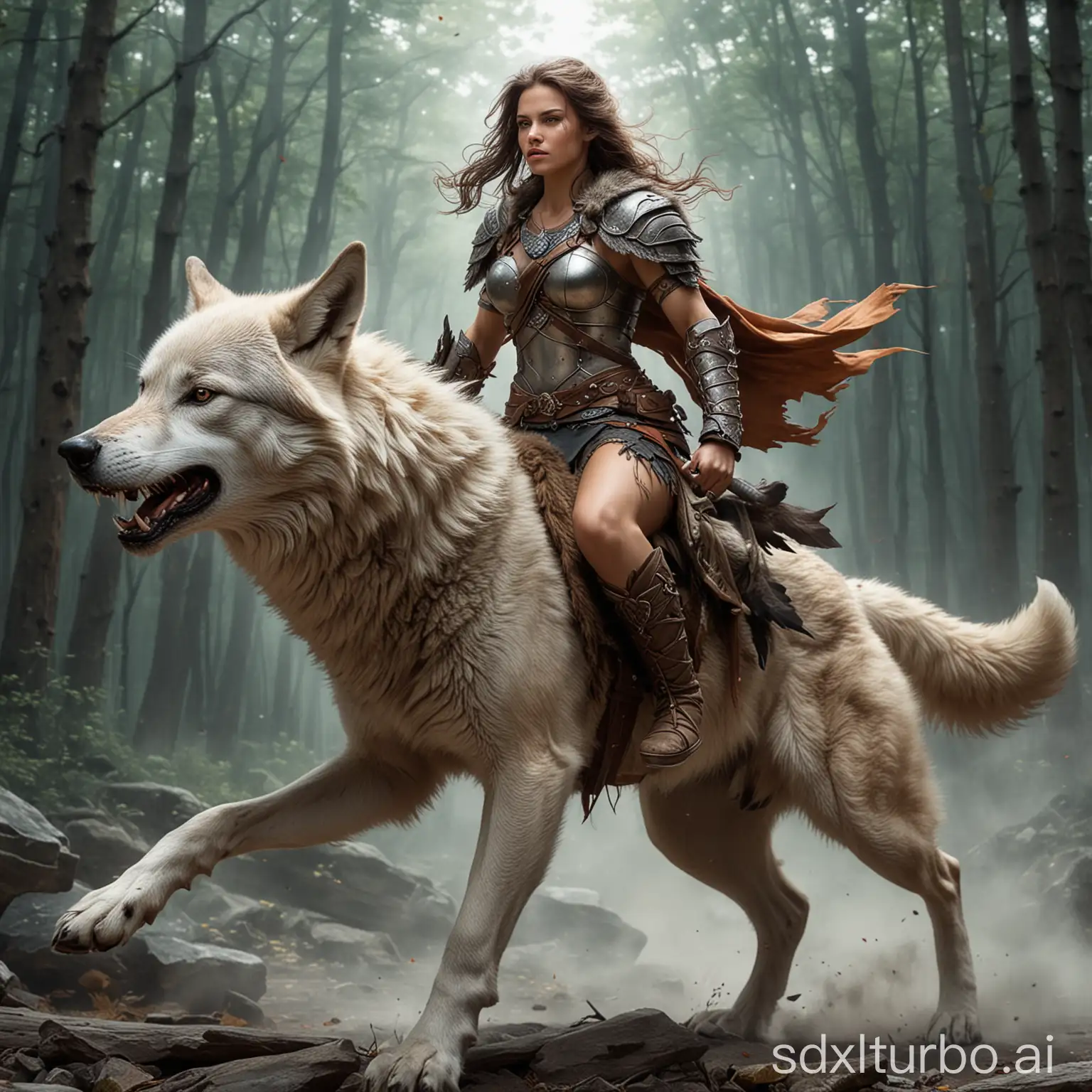 female warrior riding wolf