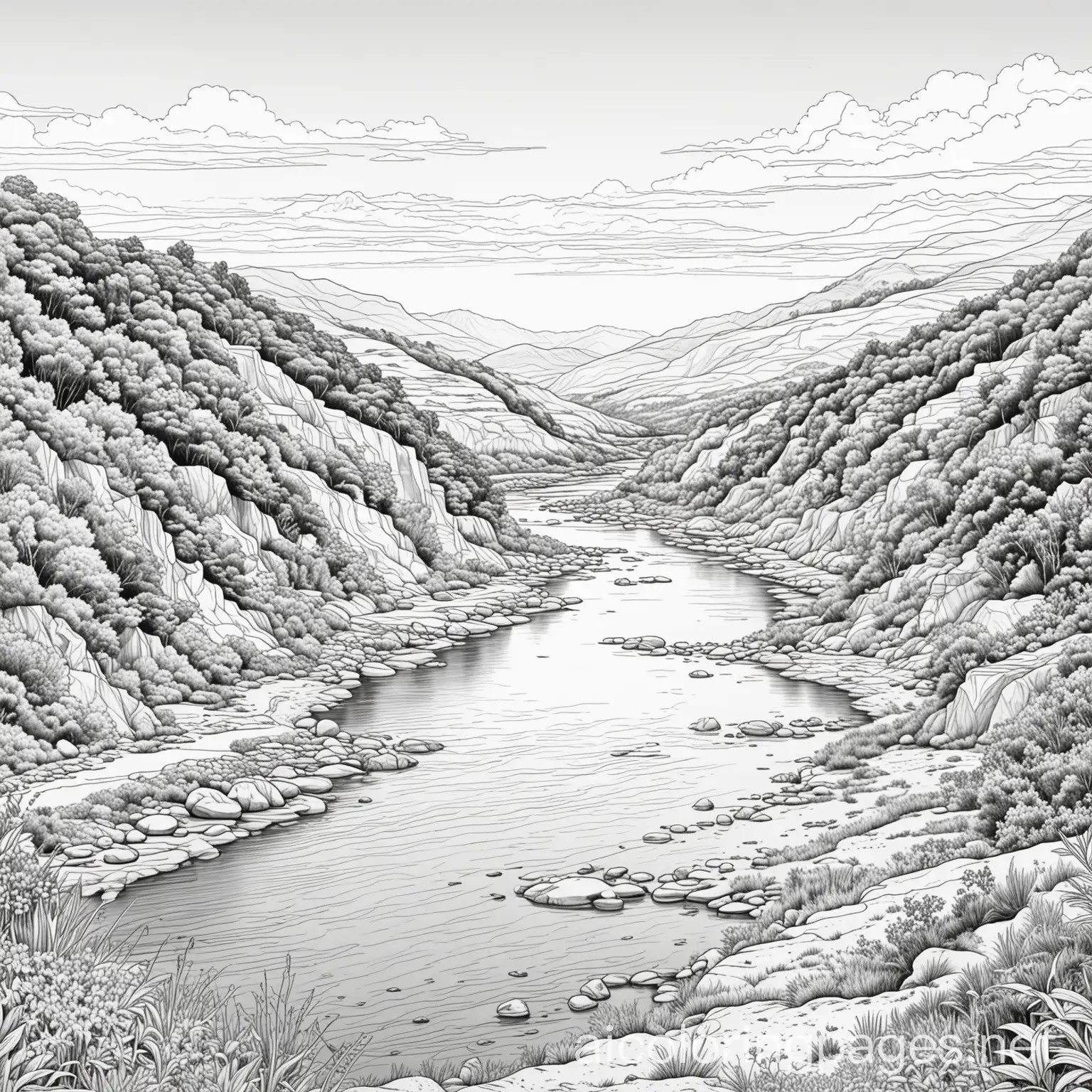 manawatu river, Coloring Page, black and white, line art, white background, Simplicity, Ample White Space. The background of the coloring page is plain white to make it easy for young children to color within the lines. The outlines of all the subjects are easy to distinguish, making it simple for kids to color without too much difficulty