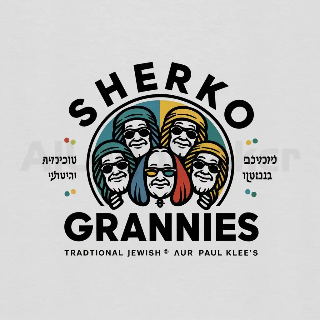 a logo design,with the text "SHERKO GRANNIES", main symbol:a logo design,with the text 'SHERKO GRANNIES', main symbol: 4 differenent old traditional jewish grannies with headcovers and sunglasses, in israeli color film clapper, in paul klee vibe,complex,clear background,complex,clear background