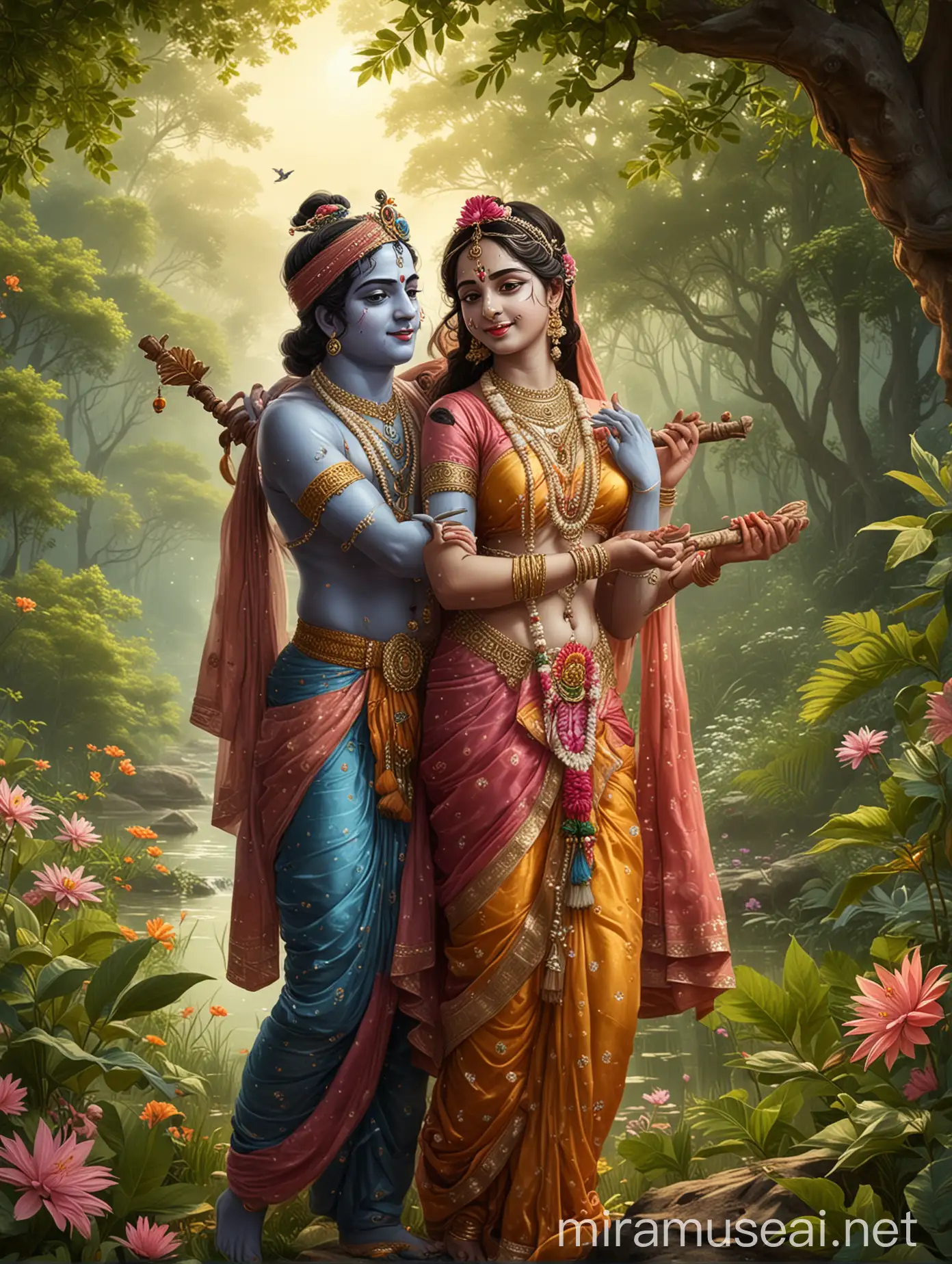 Divine Love Lord Krishna and Radha Embracing Amidst Nature