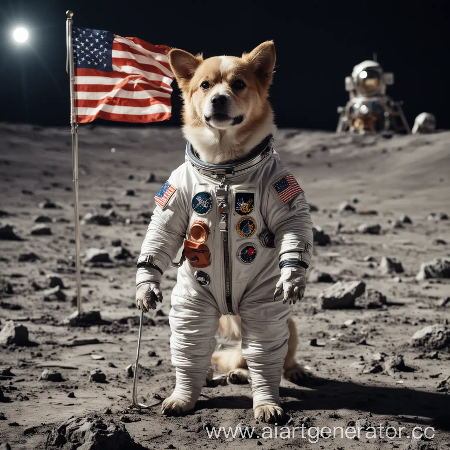 собака, космонавт, в скафандре, на луне с флагом