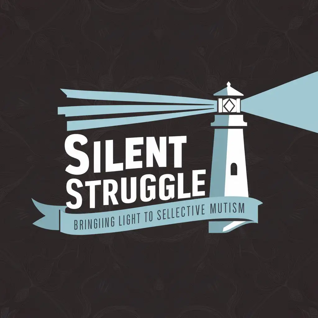 a logo design,with the text "Silent Struggle: Bringing Light to Selective Mutism", main symbol:Lighthouse shining light on a light blue ribbon,complex,clear background