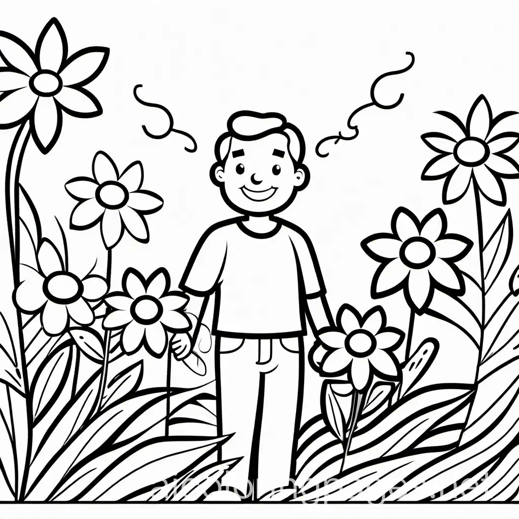 cartoon, dad, big flowers,, Coloring Page, black and white, line art, white background, Simplicity, Ample White Space. The background of the coloring page is plain white to make it easy for young children to color within the lines. The outlines of all the subjects are easy to distinguish, making it simple for kids to color without too much difficulty