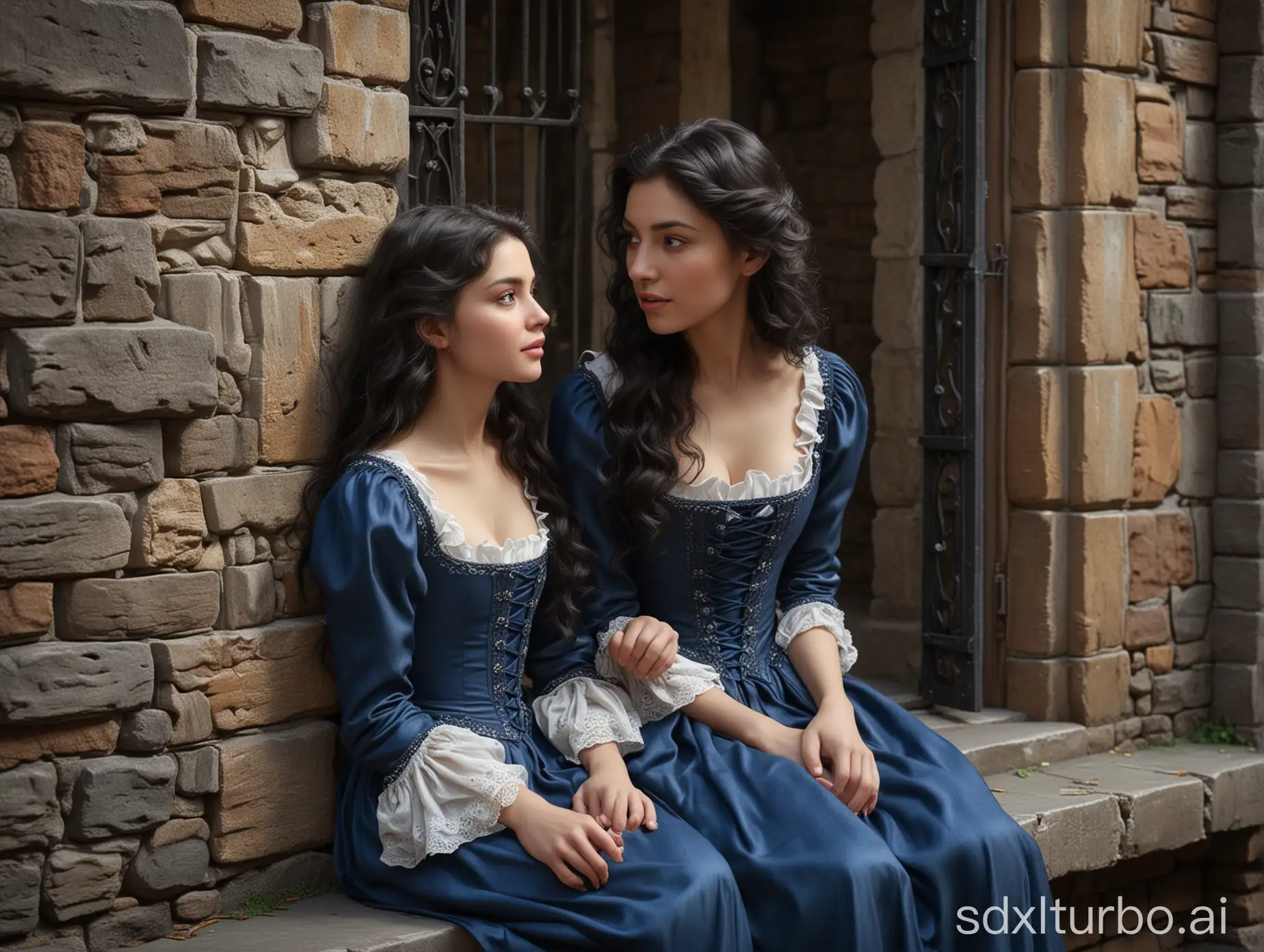 A beautiful girl in her twenties, with long black hair, slightly curly at the ends, wearing a medieval dark blue dress with lacing at the neckline, squats and talks at the barred window of the castle with (((a little boy)))) of about five with blond wavy hair, big gray eyes, wearing a white shirt with a jabot and blue pants. perfect composition, beautiful detailed intricate insanely detailed octane render trending on artstation, 8 k, photorealistic concept art, soft natural volumetric cinematic perfect light, chiaroscuro,  masterpiece, greg rutkowski 