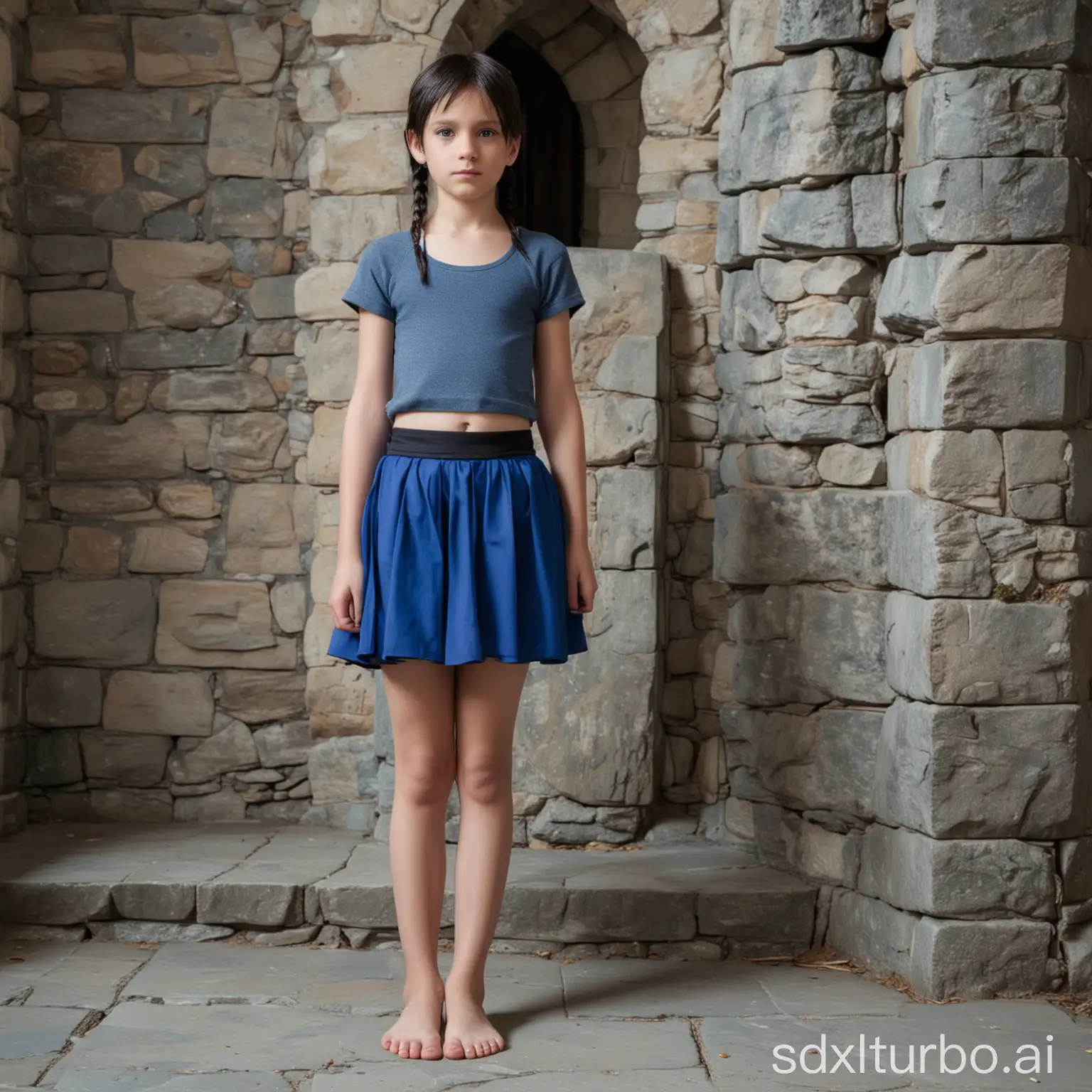 Boy-in-Blue-Skirt-with-Braided-Hair-in-Stone-Castle