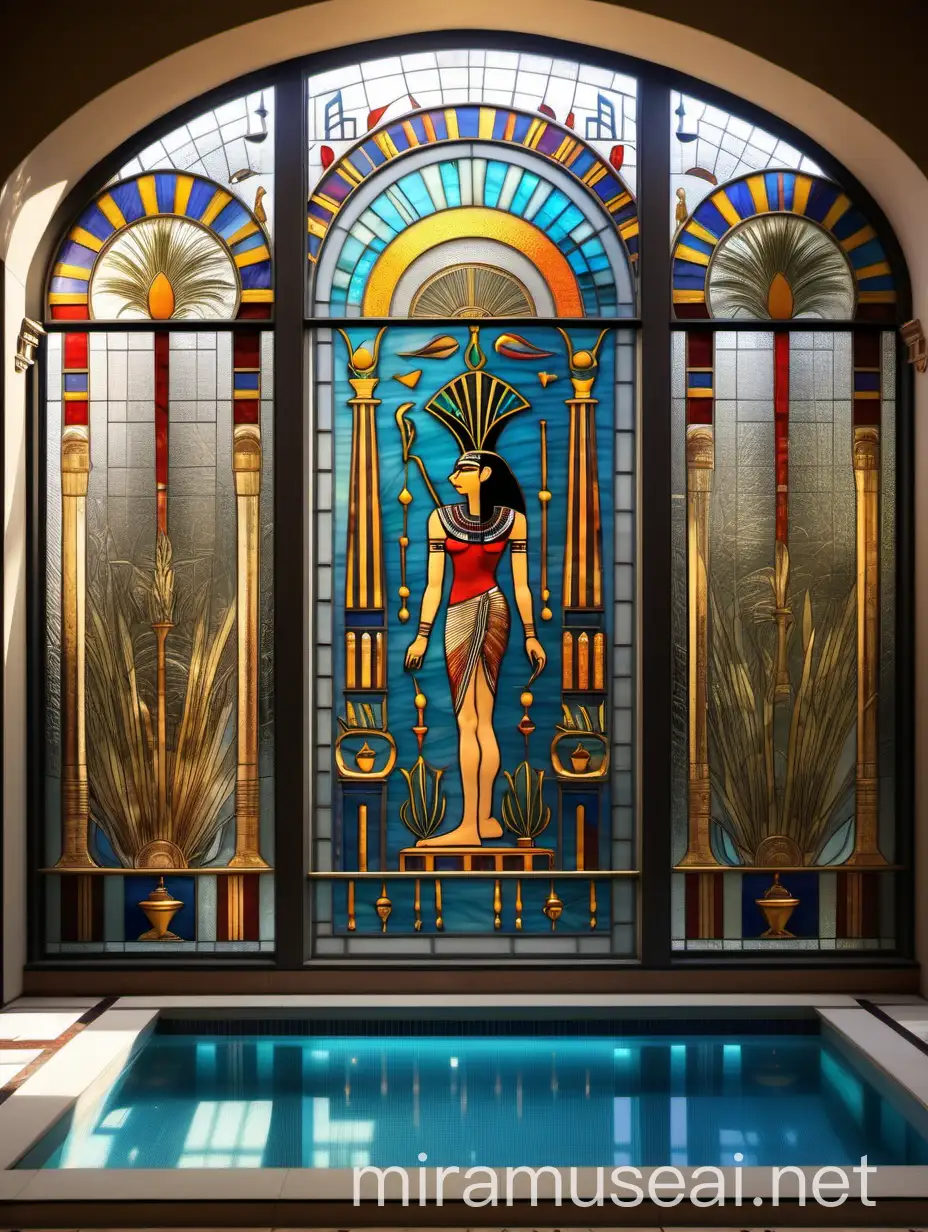 витраж в египетском  стиле на большом панорамном окне в бассейне