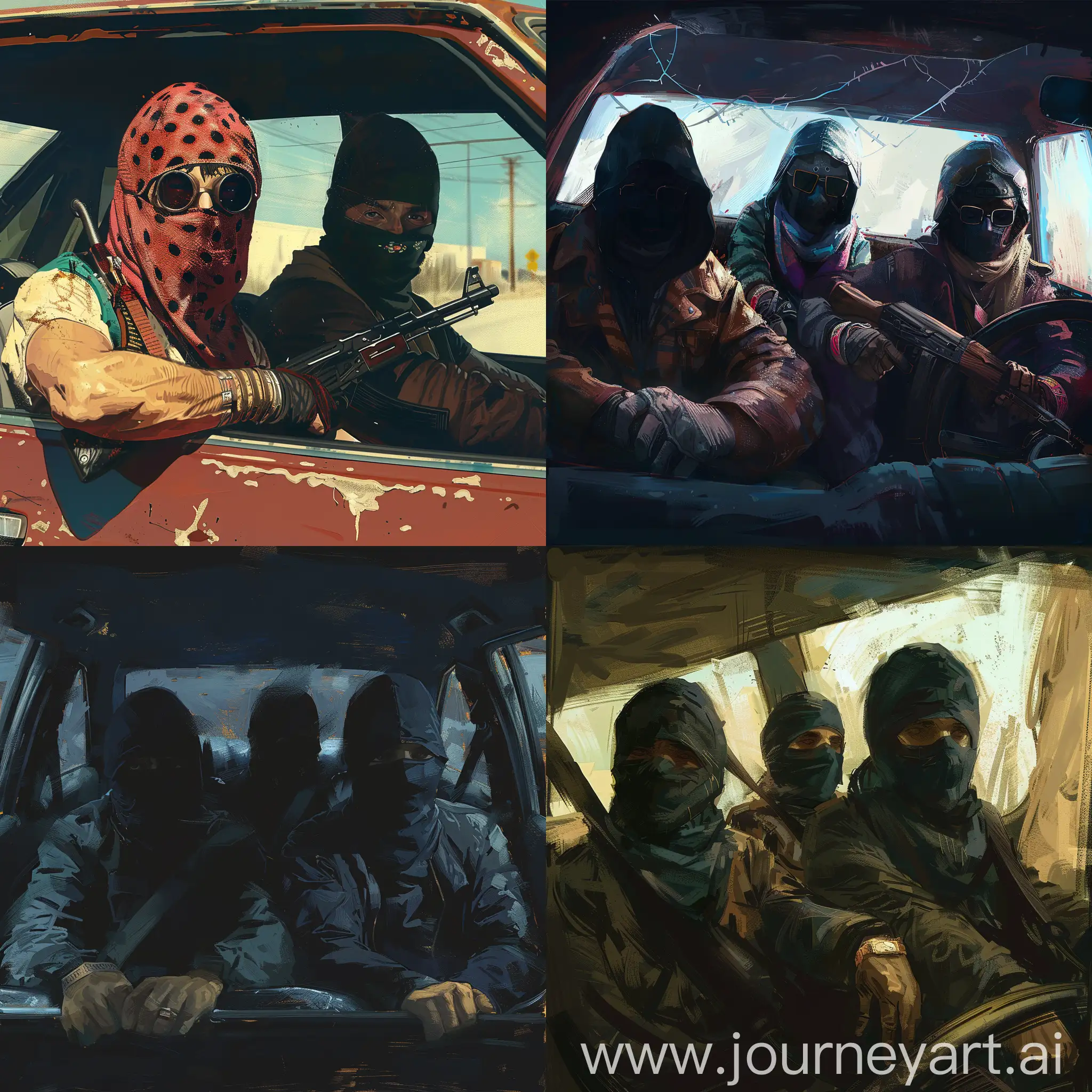 the kidnapped bandits are sitting in the back of the car in balaclavas with wristbands.