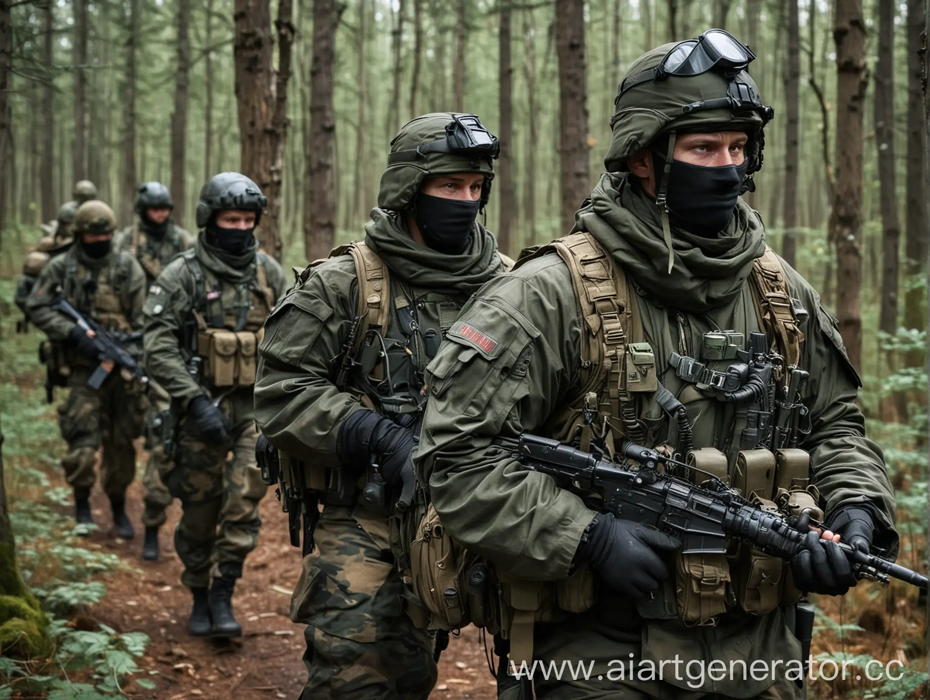 Thick forest of Northwestern Europe. In the forest are five Russian special forces soldiers. The special forces soldiers are in full combat readiness. The special forces soldiers have body armor, helmets, and 'Ratnik' backpacks. In the hands of the special forces soldiers are AK-74M rifles. The faces of the special forces soldiers are covered with balaclavas, and nothing can be read from their cold and calm gazes. Portable radios hang in the pockets of the special forces soldiers, magazines with ammunition are in the pouches, and first aid kits hang on their belts.