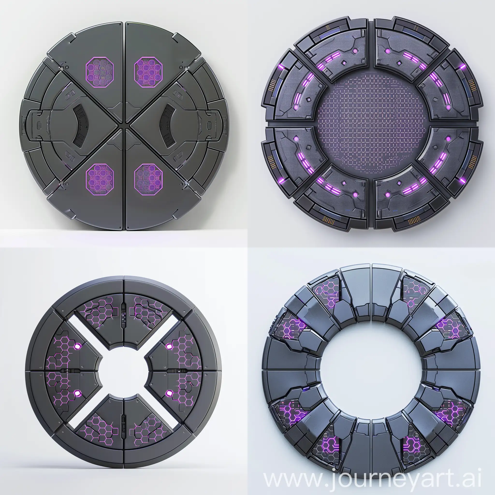 Front view of a circular shield consisting of 4 separate pieces, each with distinct spaces between them resembling a '+' shape when adjacently placed. The shield is crafted from a sleek cyberpunk robotic material in shades of dark gray and light gray. Neon purple hexagon patterns adorn specific areas of the shield, adding a futuristic touch. The background is a clean, white canvas to facilitate easy removal for isolation purposes when editing