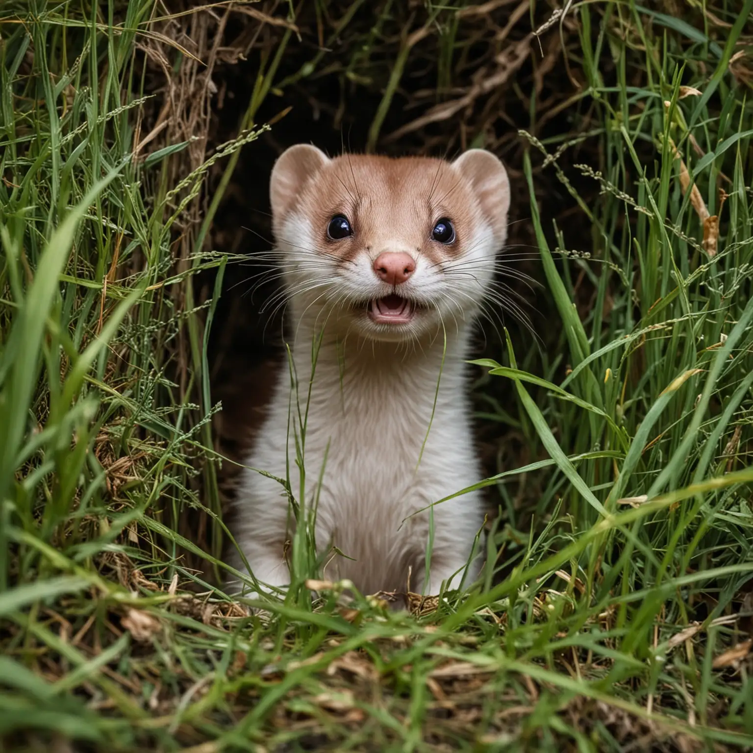 a weasel poking its head and body out of a hole in some grass in a forest