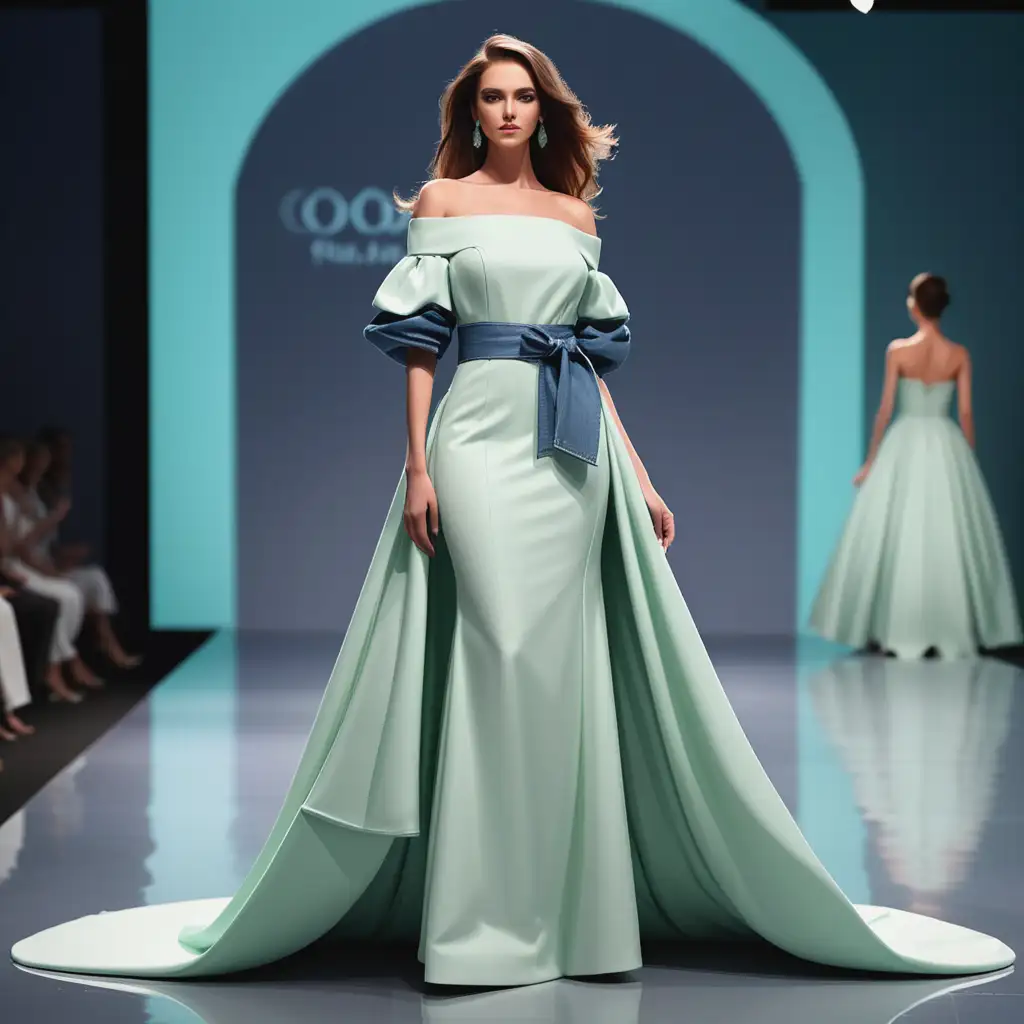 Elegant Mint Green Denim Gown on Mannequin Display