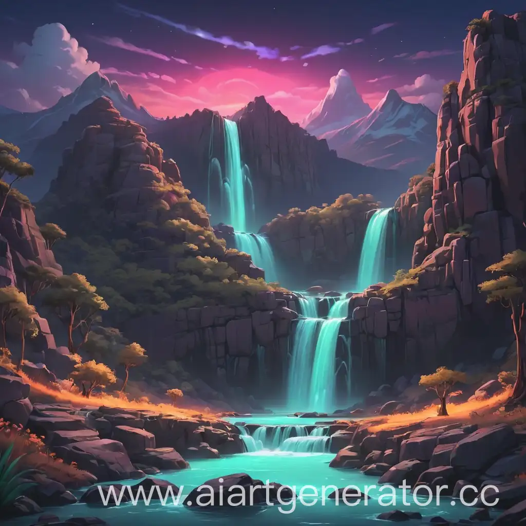 Cartoon-Plane-Flying-over-Mountain-and-Waterfall-with-Neon-Lighting